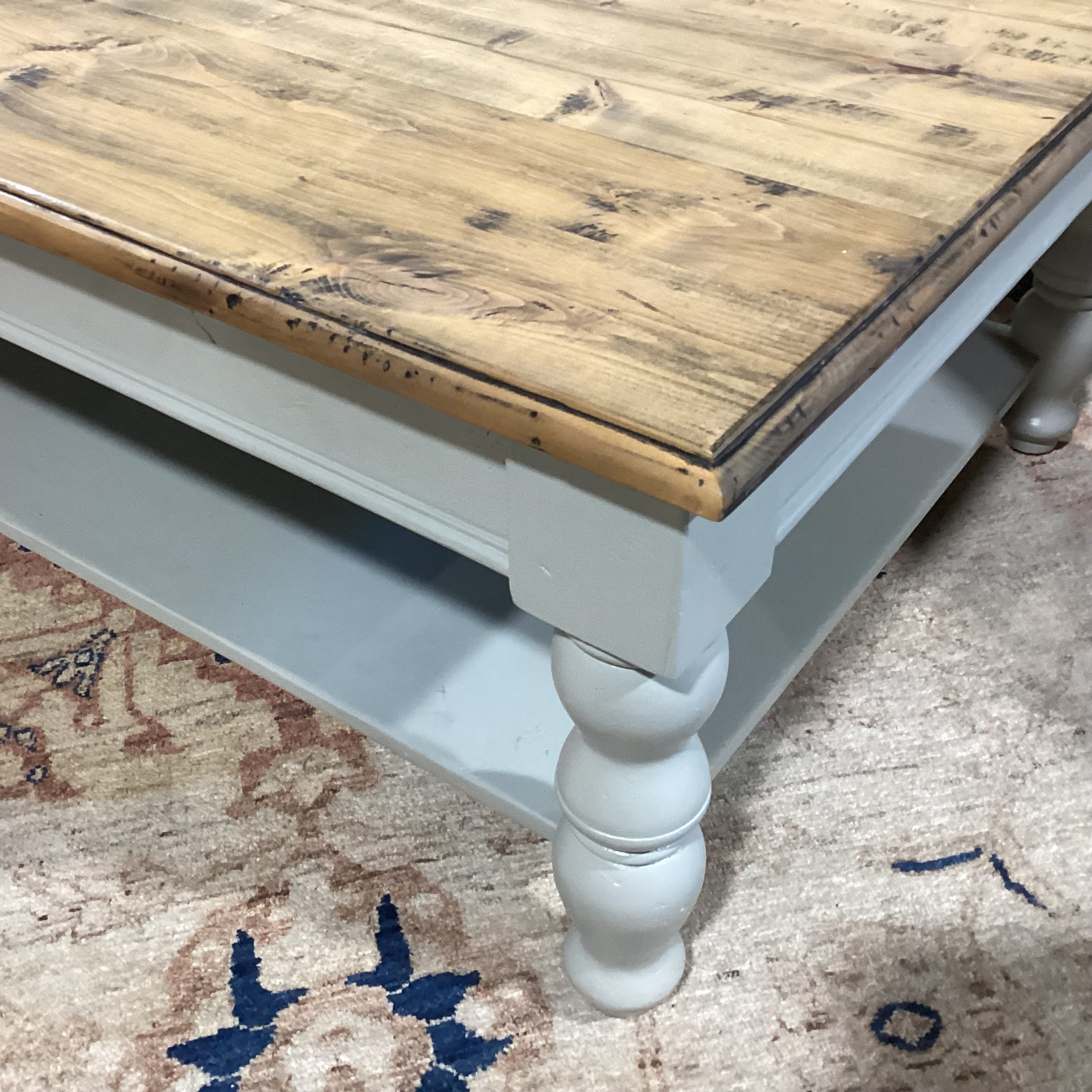Rustic Distressed Plank Top & Dove Grey Carved Wood Coffee Table 60"x 36"x 19"