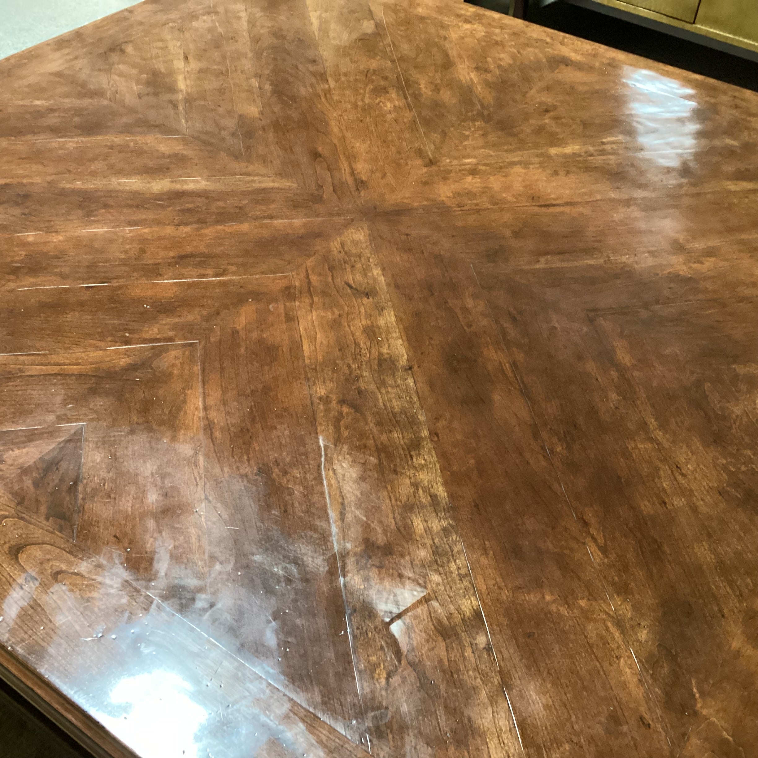 Carved Wood with Dark Lacquered Distressed Finish Matched Inset & Bottom Shelf Coffee Table 60"x 60"x 21"