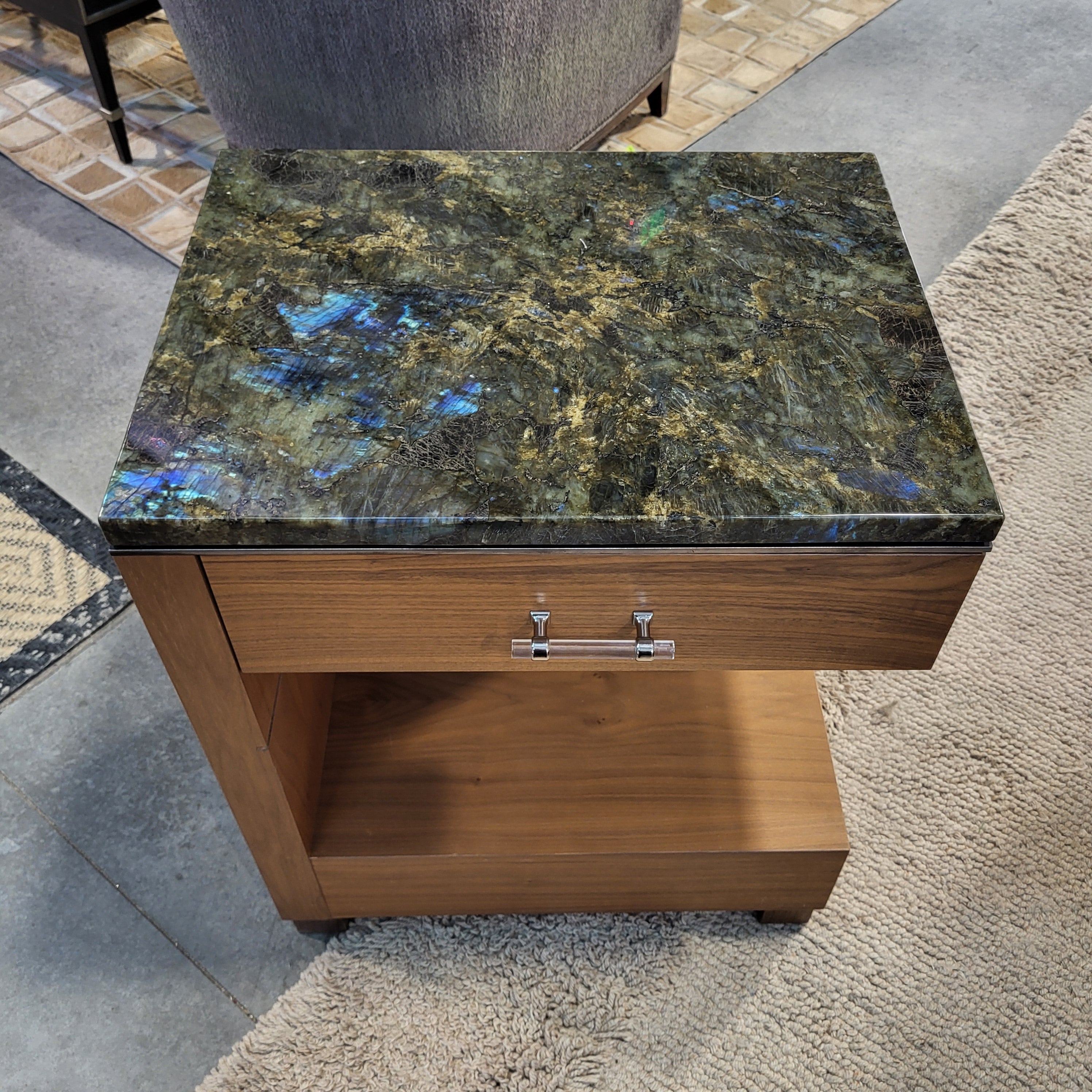 Custom Walnut Soft Close Drawer & Green Black Stone Top Nightstand 24"x 18"x 29"