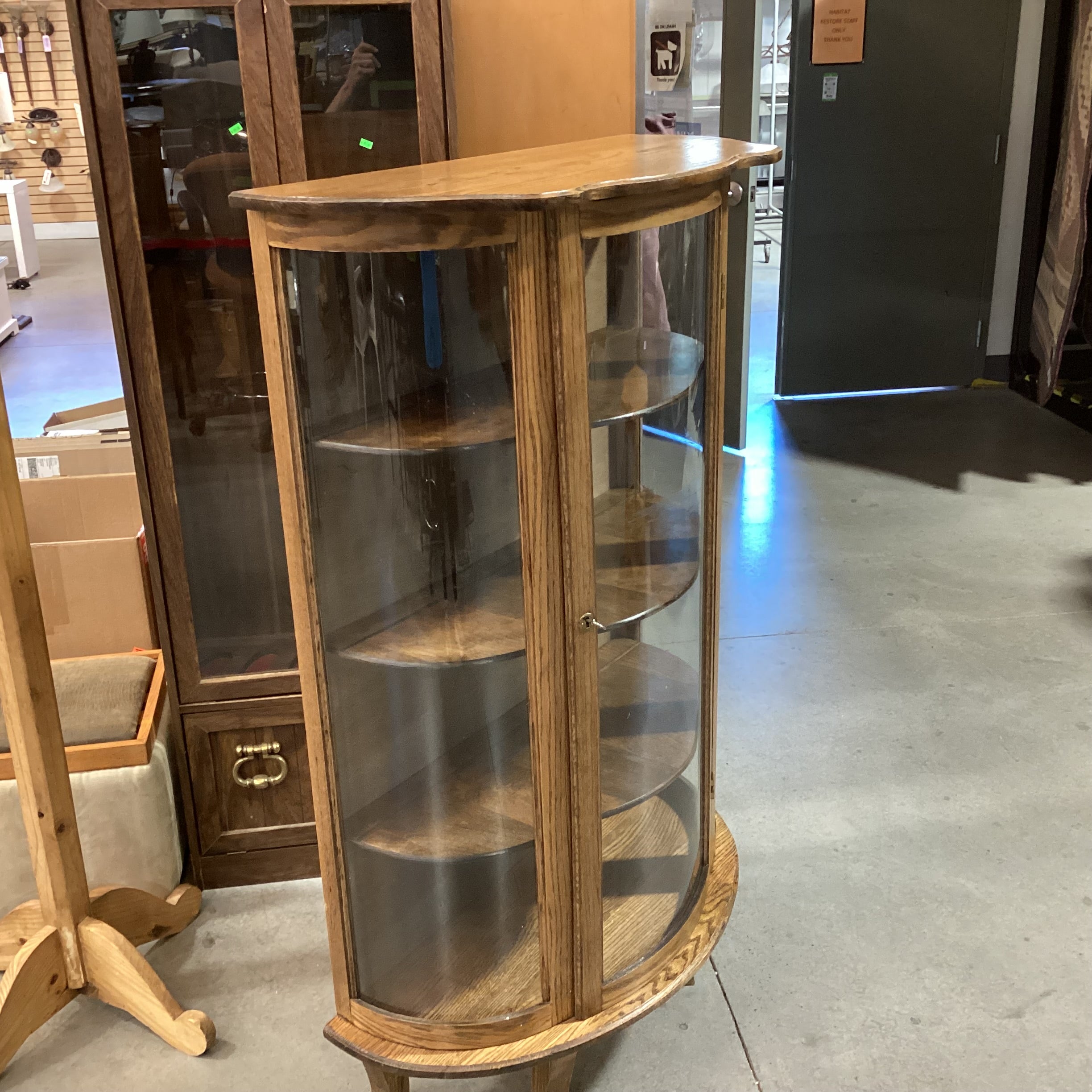 Antique Oak & Glass Curved Front with Shelves & 1 Door Display Hutch 35"x 16"x 58"