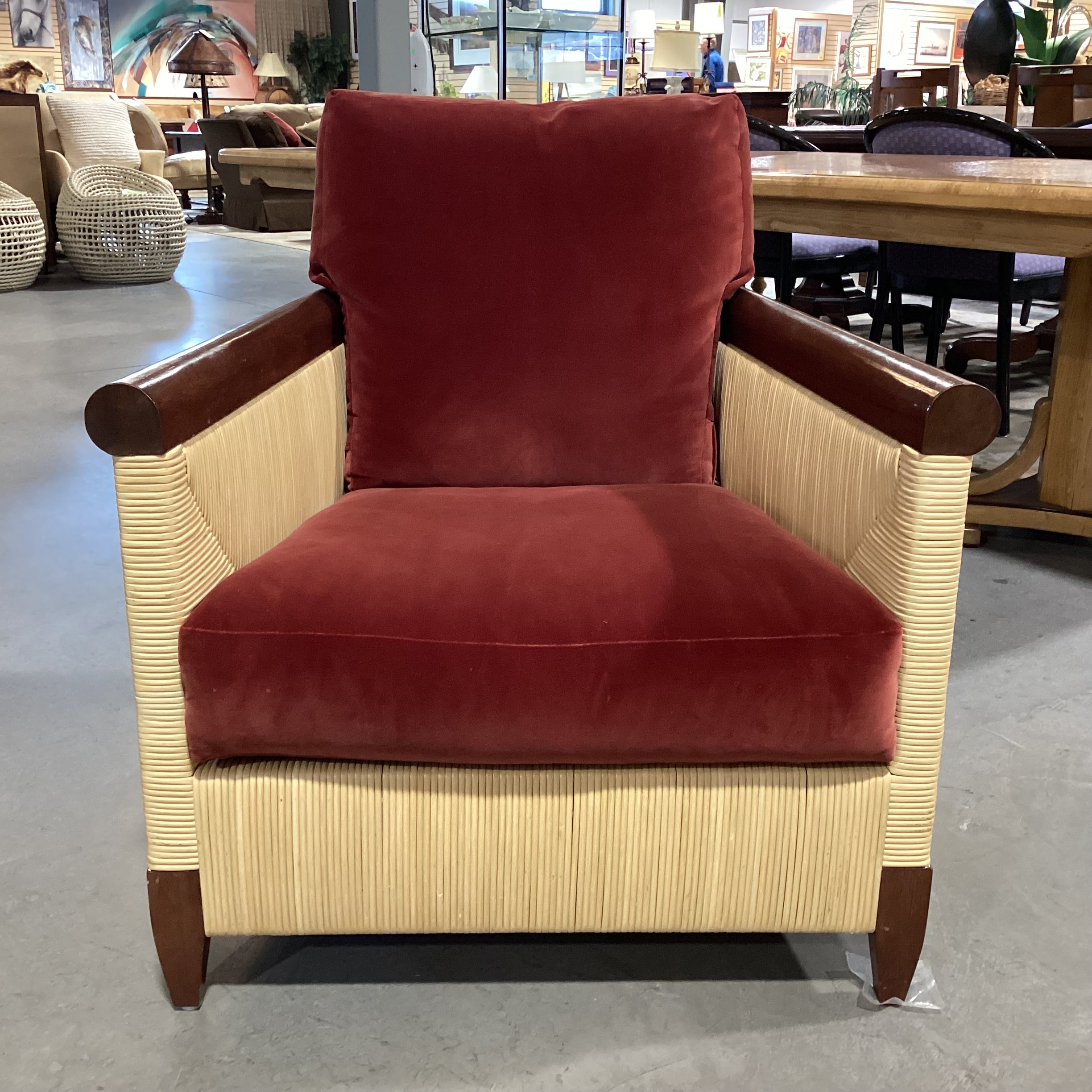 John Hutton For Donghia Merbau Collection Mahogany & Rattan with Rust Velvet & Down Cushions Chair 30"x 35"x 32"