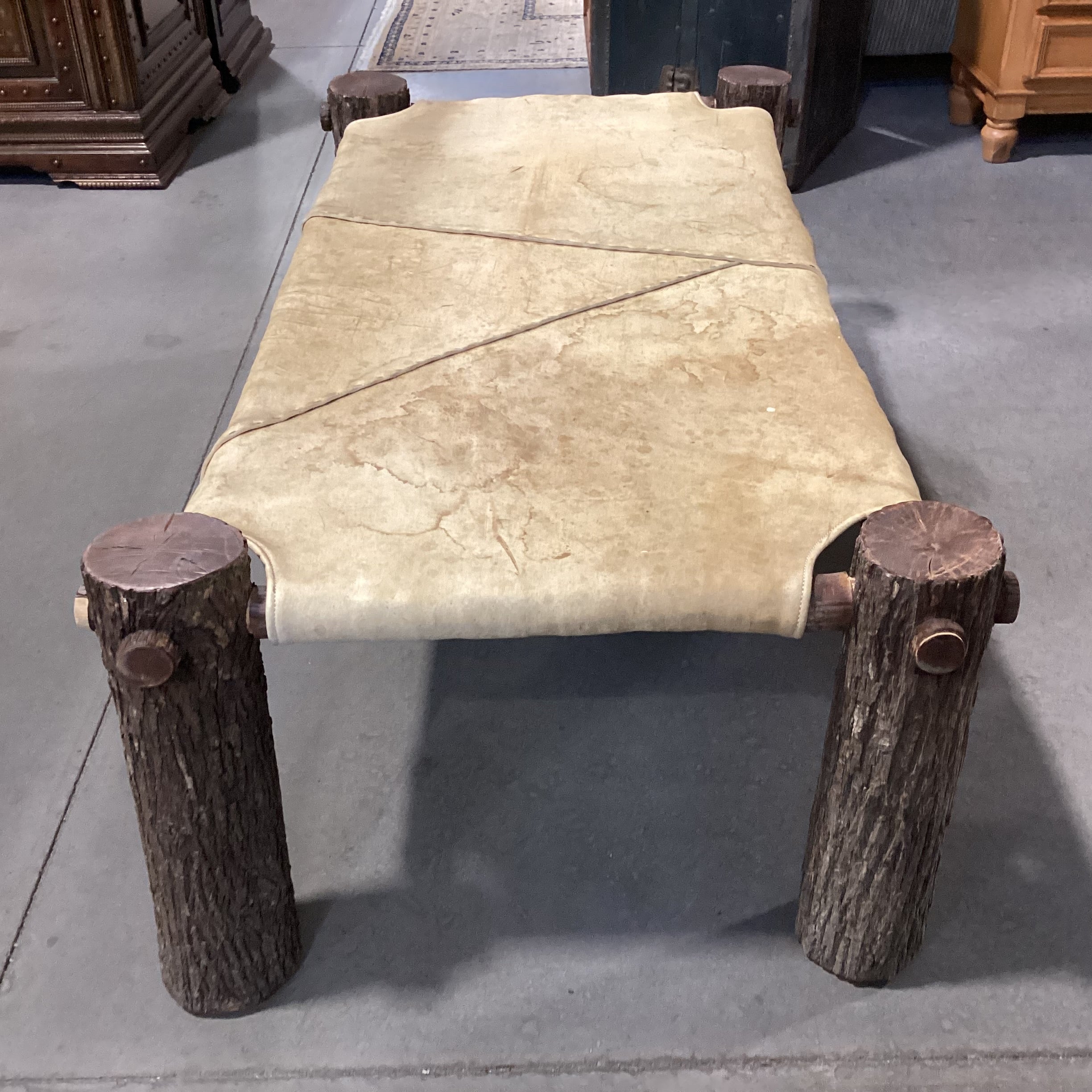 Rustic Log & Leather Nailhead Bench Ottoman 60"x 32"x 20"
