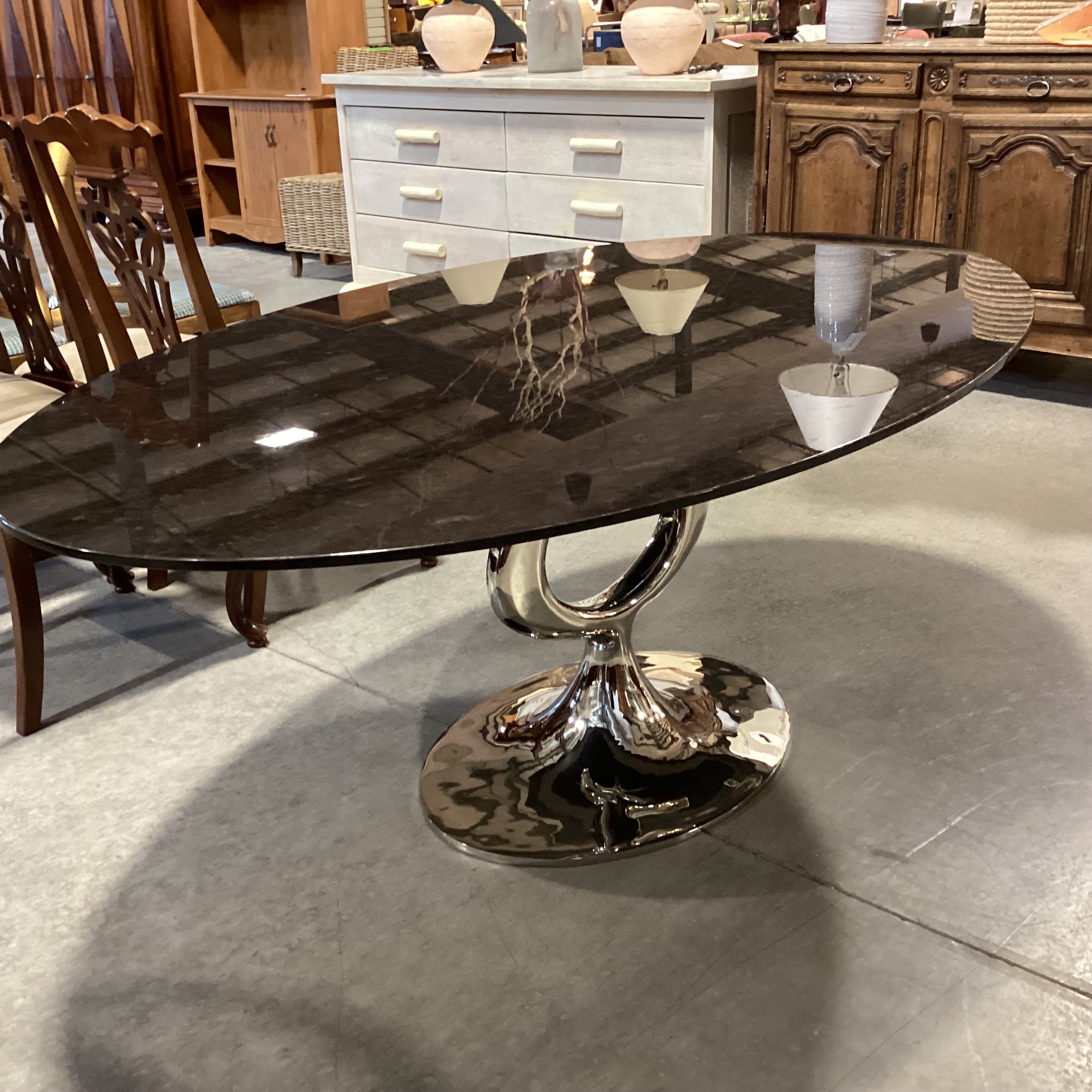 Blackman Cruz Oval Black Granite & Nickel Plate Pedestal Dining Table 78"x 48"x 30"