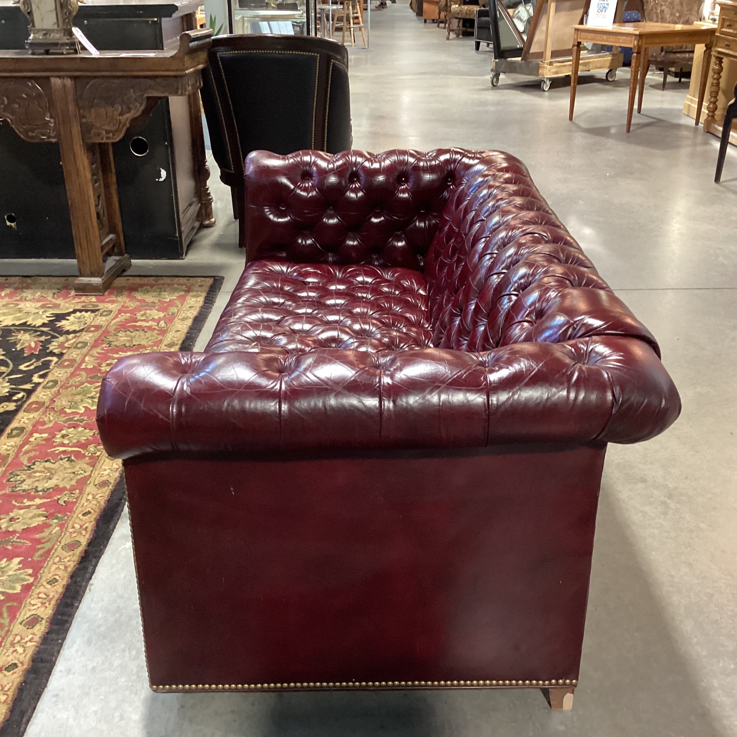 Vintage Burgundy Tufted Leather Nail Head on Casters Chesterfield Loveseat Sofa 69"x 36"x 28"