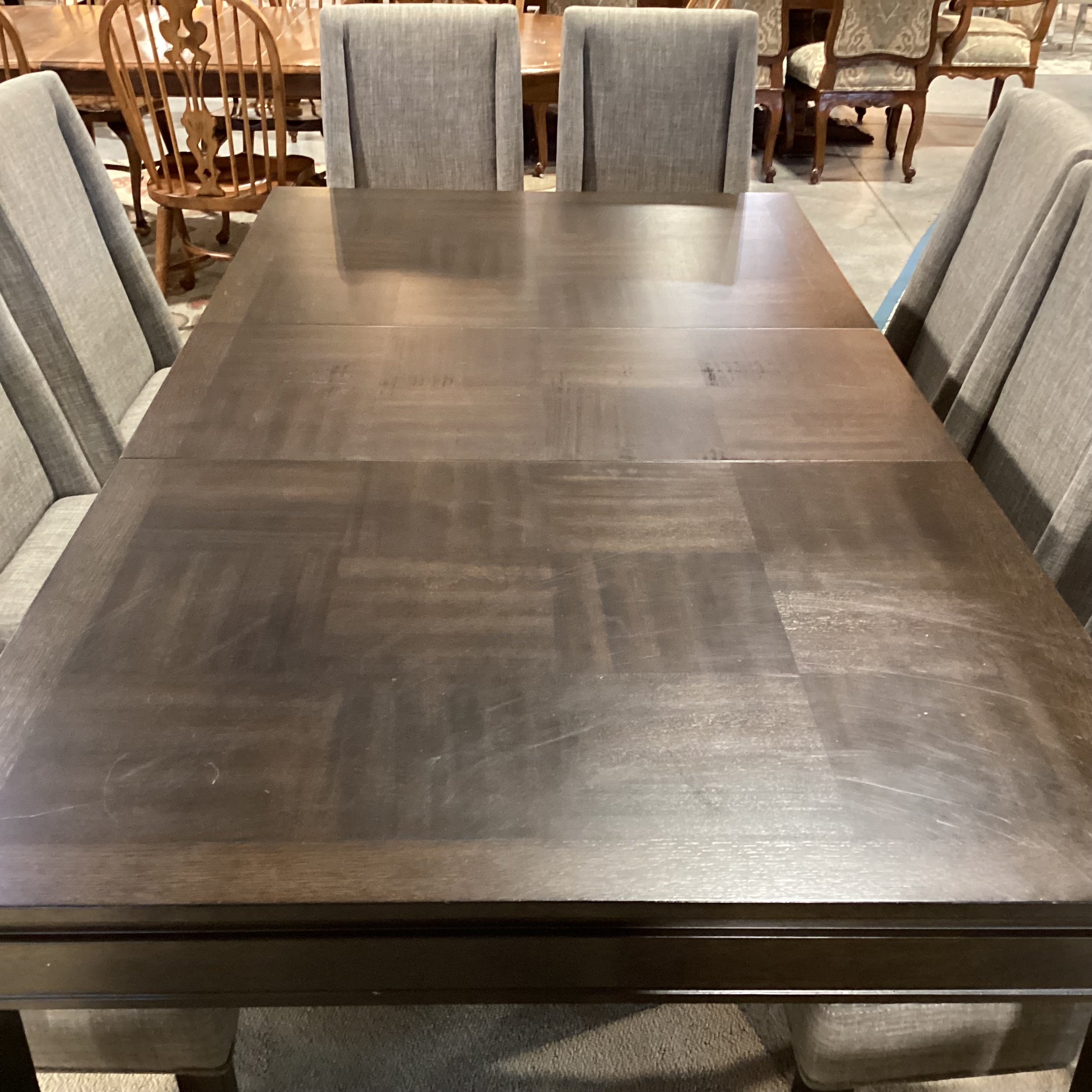 Dark Finish Wood & Veneer 1 Leaf Table & 10 Grey Woven Chairs Dining Set 78"x 42"x 30"