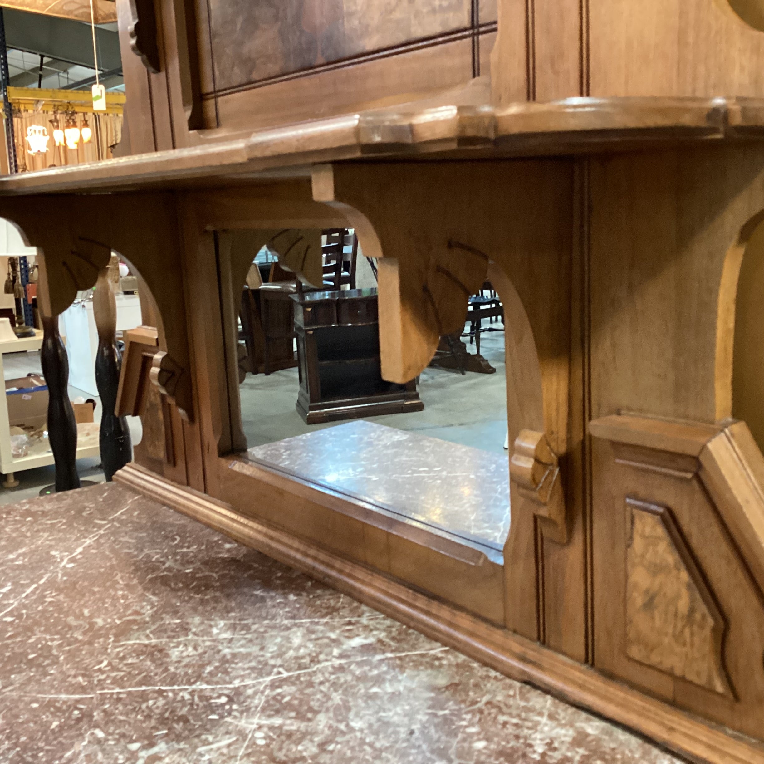 Antique Eastlake Style Carved Wood & Burl Veneer Marble Top with Mirror & Shelves 2 Piece Sideboard 46"x 19"x 85"