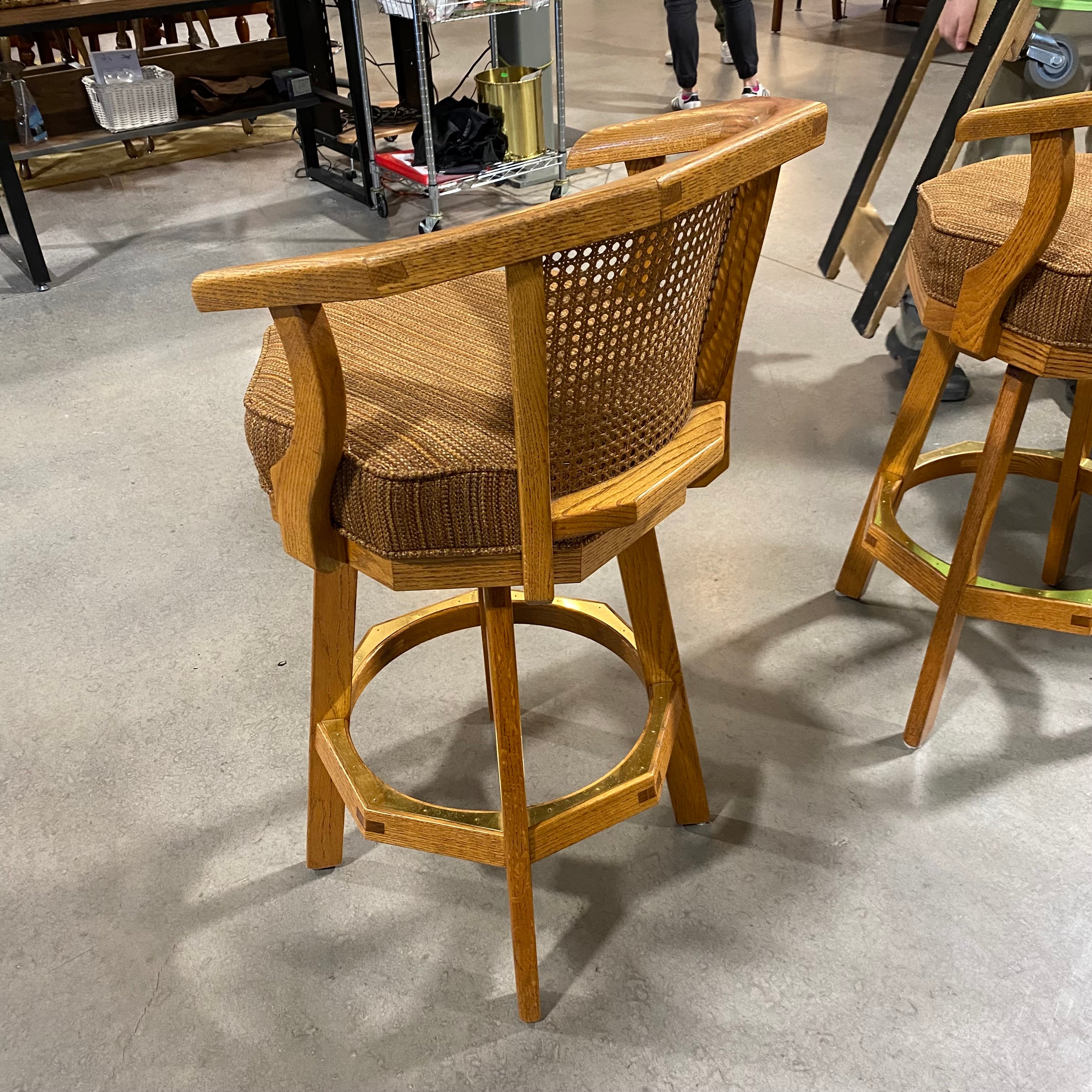 SET of 2 Solid Wood Brass Accents Rust/Gold Upholstered Seat Caned Back Bar Stools 22.5"x 21"x 40"