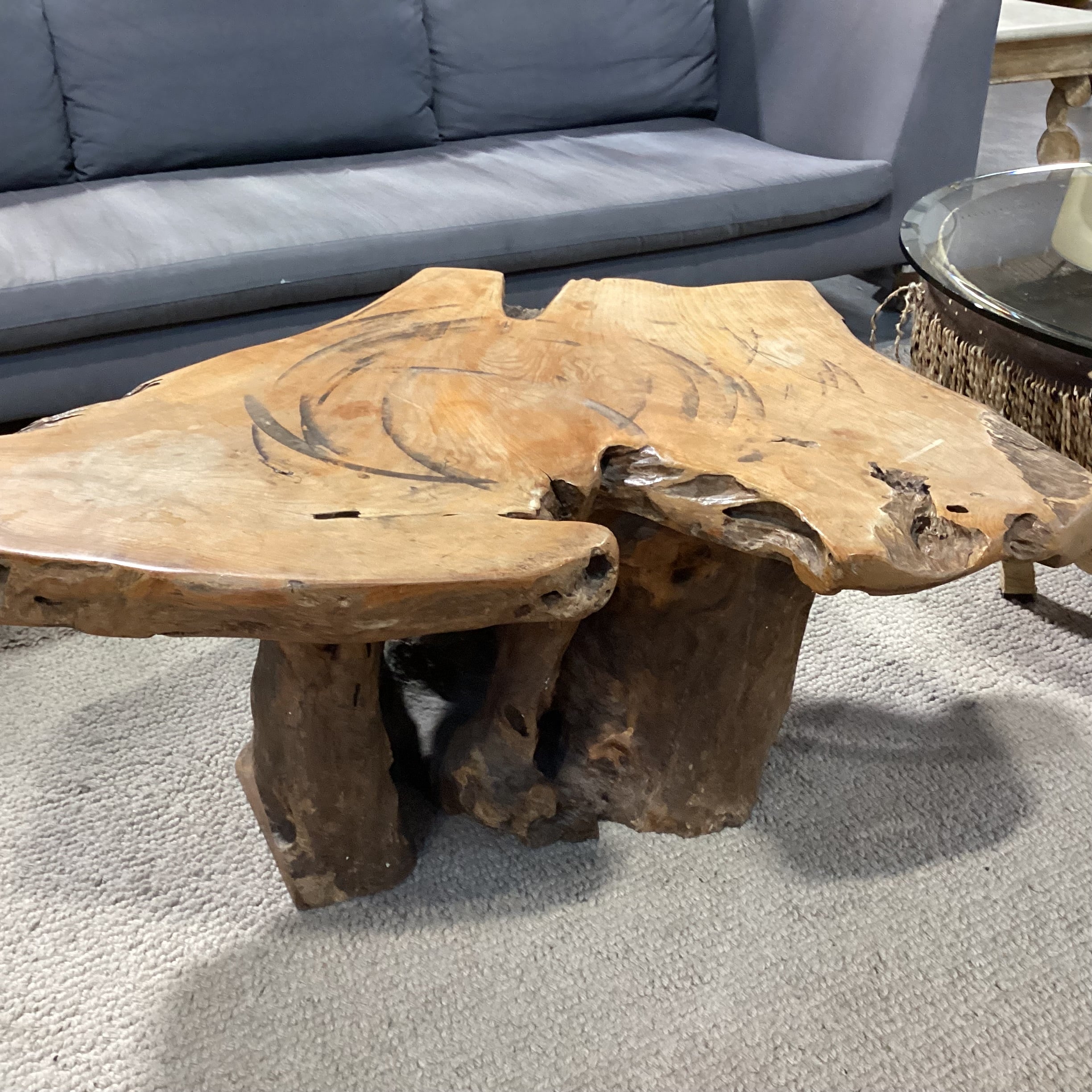 Vintage Root Stump & Live Edge Slab Coffee Table 42"x 34"x 18.5"