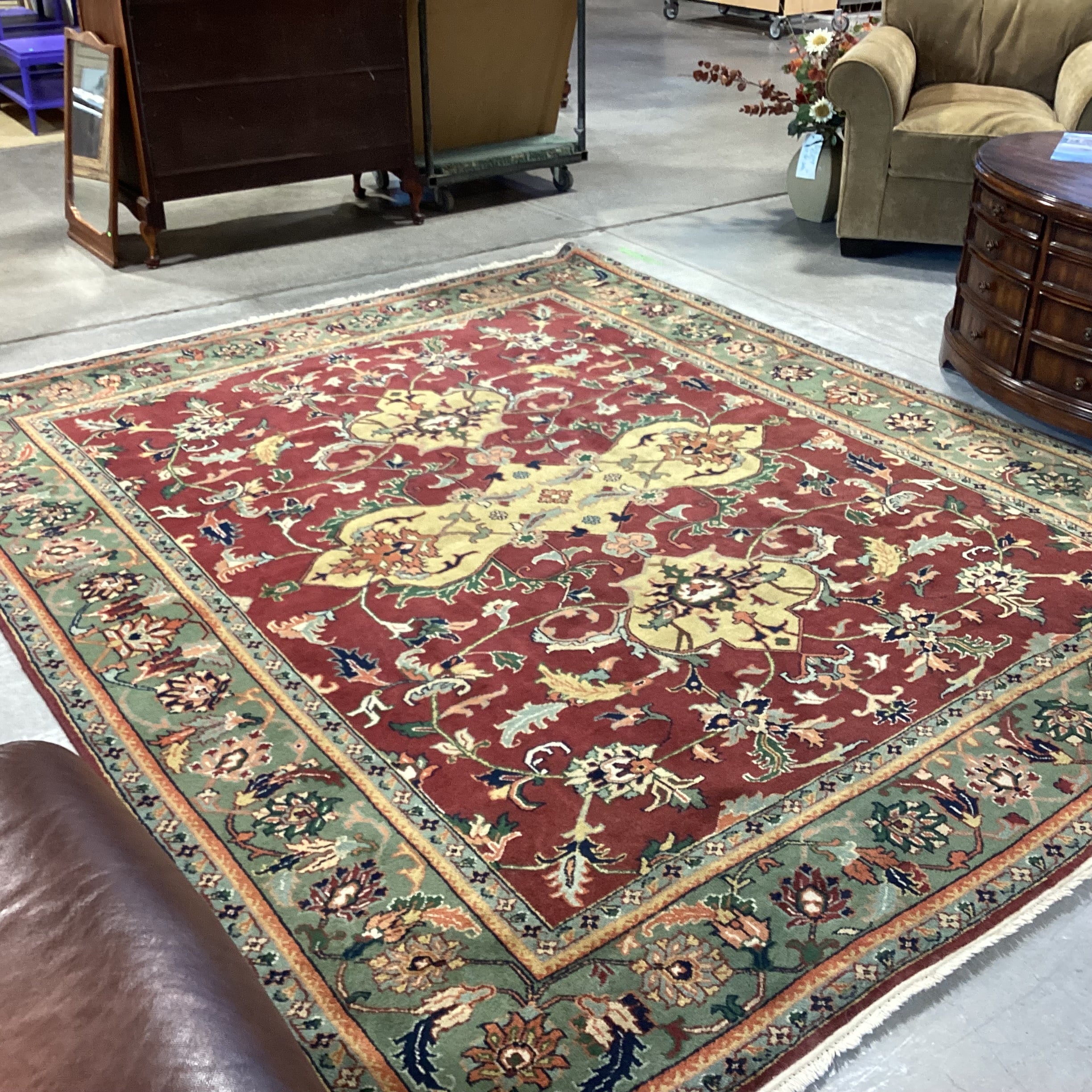 Vintage Burgundy Green & Gold Hand Woven Wool Rug 8'x 10'