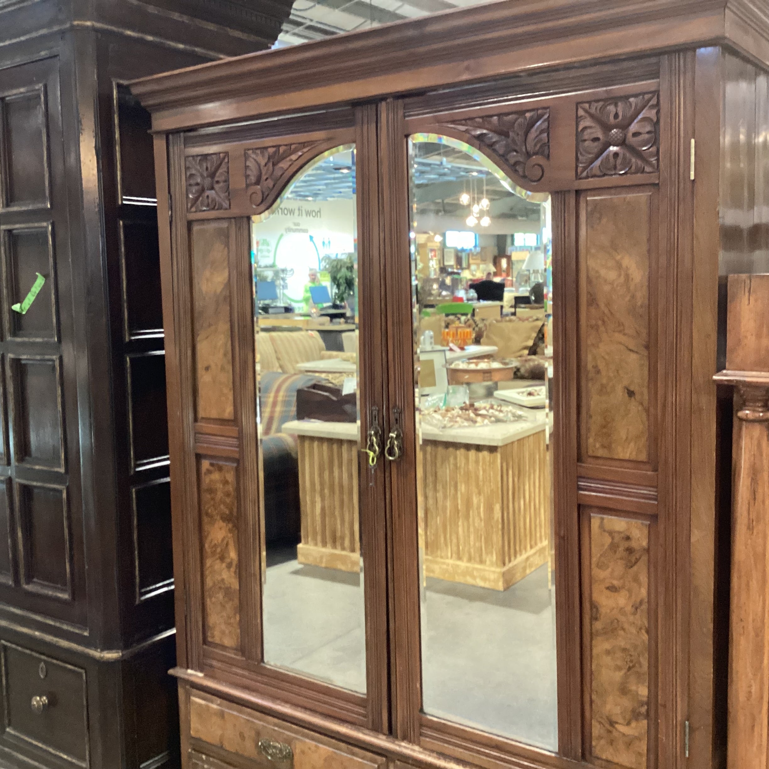 Antique Finished Carved Wood & Burl Veneer Mirrored 2 Door with Shelves Armoire 57.5"x 20"x 78.5"