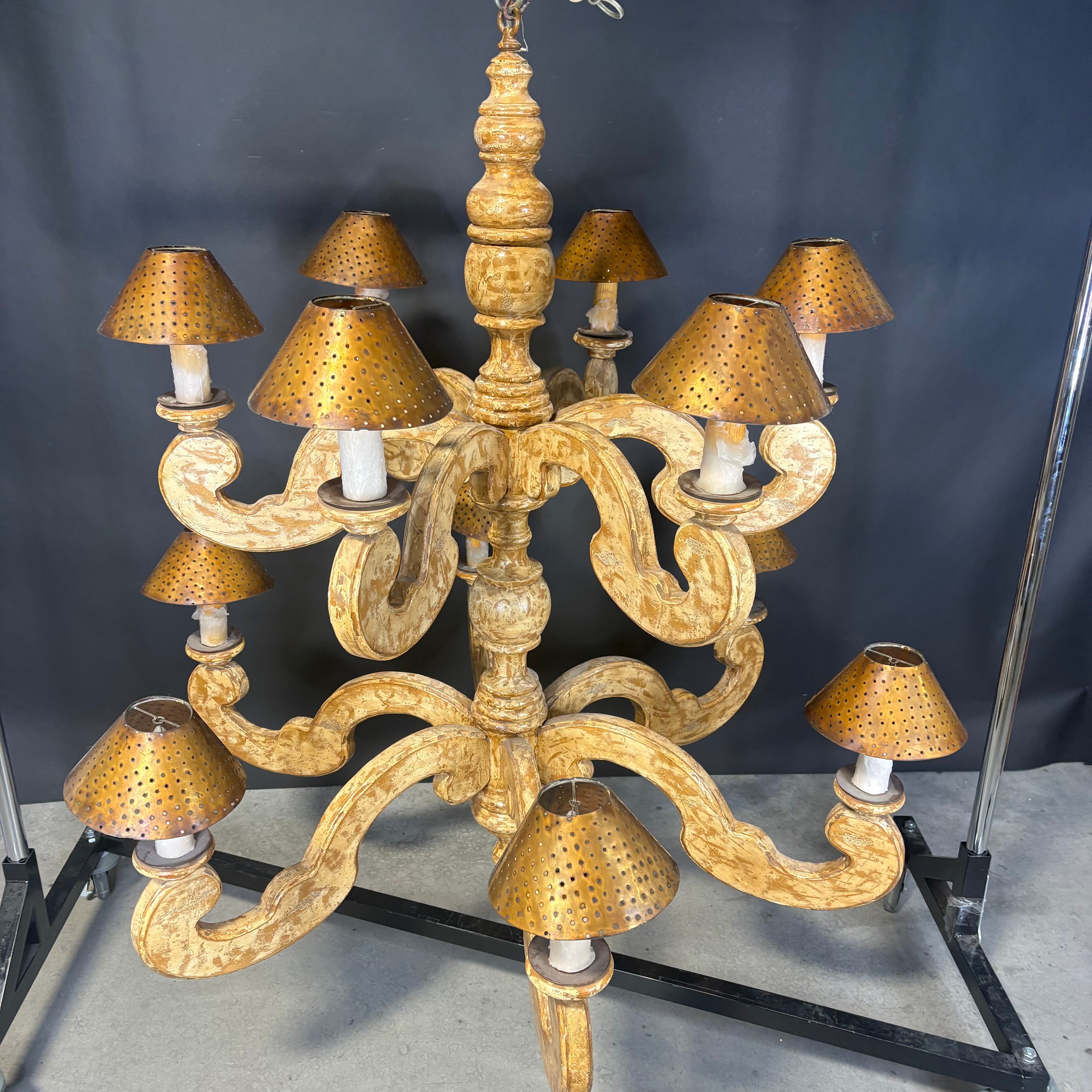 Bruce Eicher 12-Light Tiered French Country Distressed Cream/Gold Wooden with Copper Shades Chandelier 48” Diameter x 65”