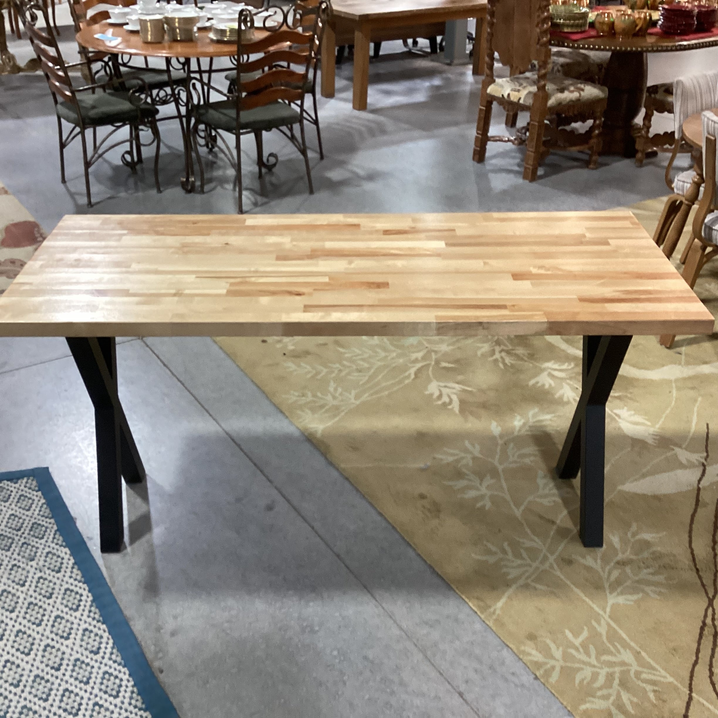 Butcher Block Wood & Black X Legs Dining Table 60"x 25"x 30"