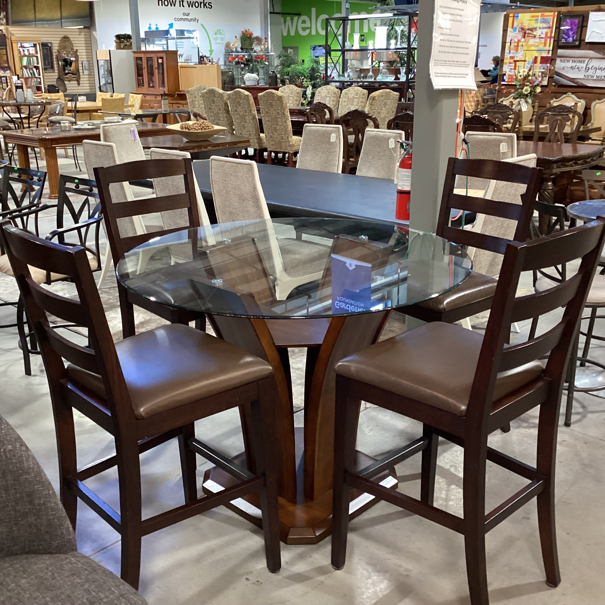 Wood & Glass Table with 4 Wood & Leather Barstools Dining Set 48" Diameter x 36"