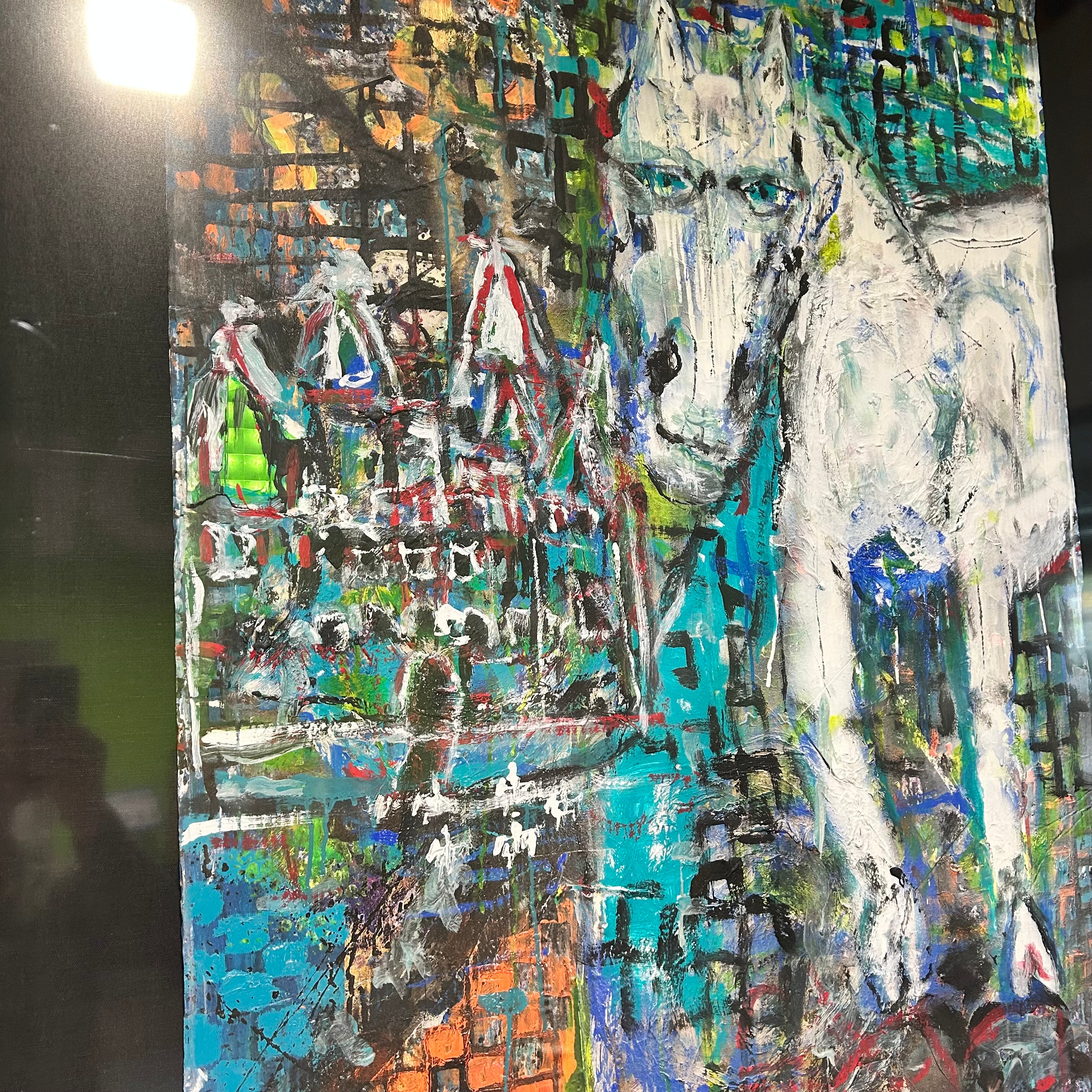 Large Mixed Media Abstract  Colorful White Horse And Castle 52"x 69"