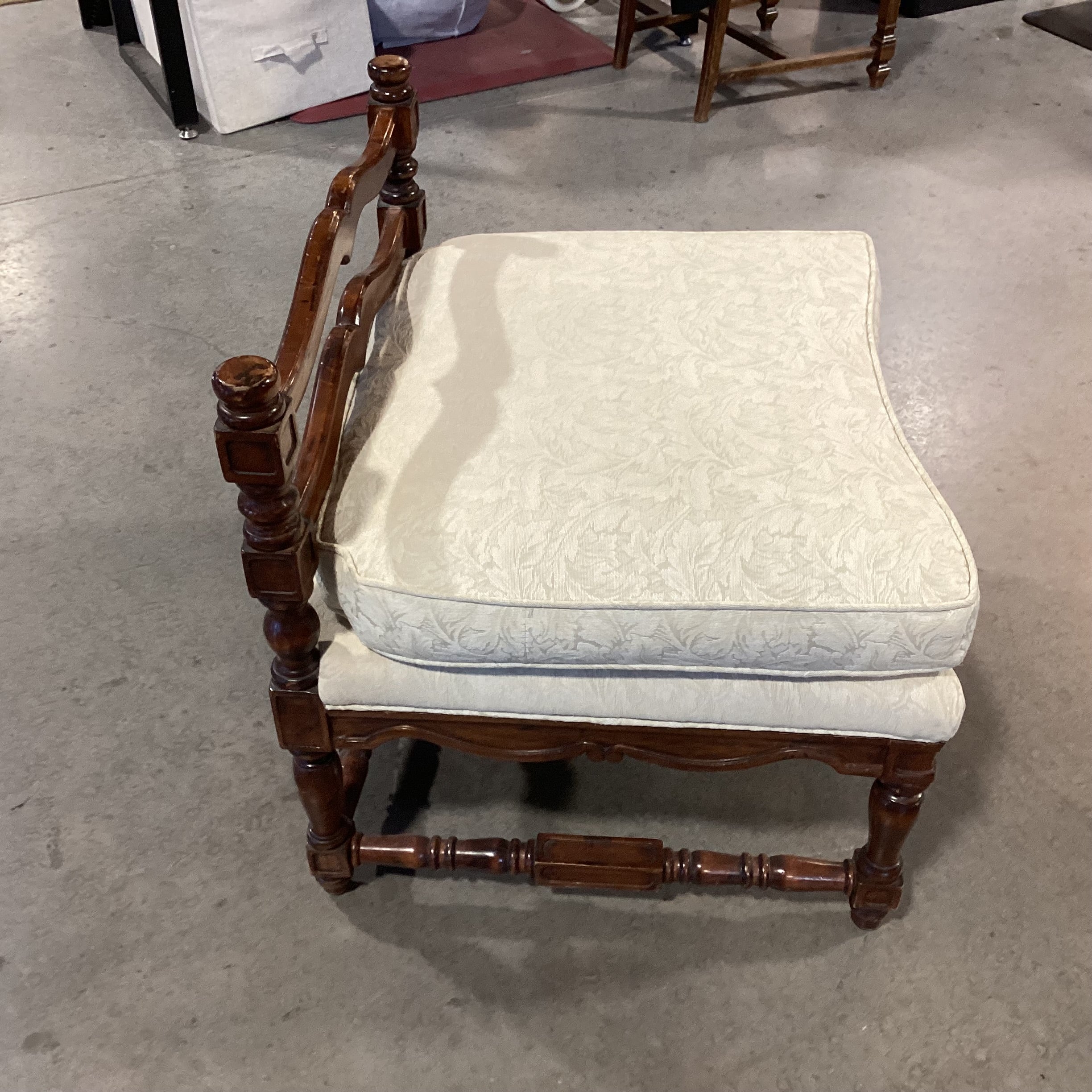 Carved Wood & Cream Cushion Bench Ottoman 25.5"x 23"x 24.5"