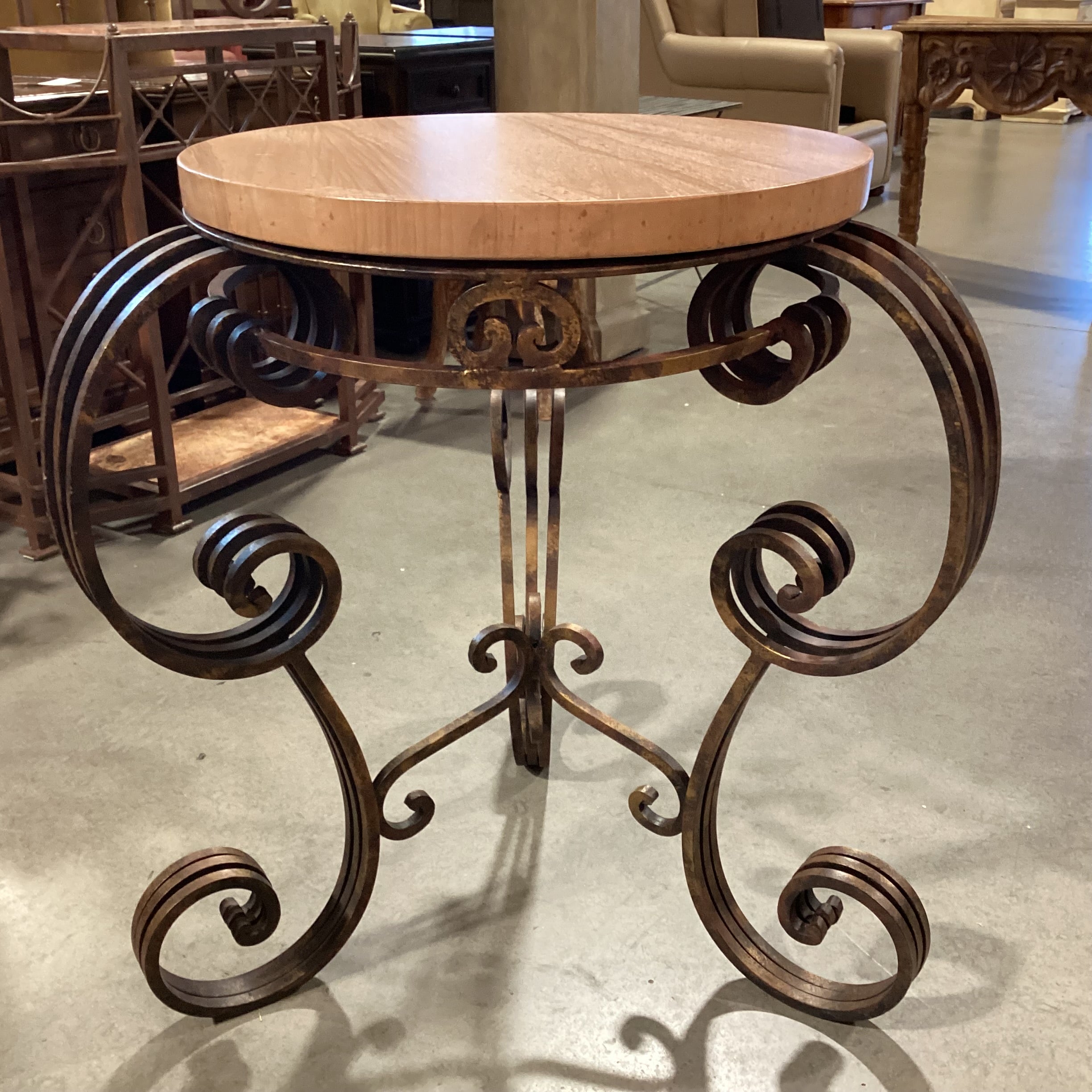 Ornate Iron with Stone Top Accent Table 28" Diameter x 31"