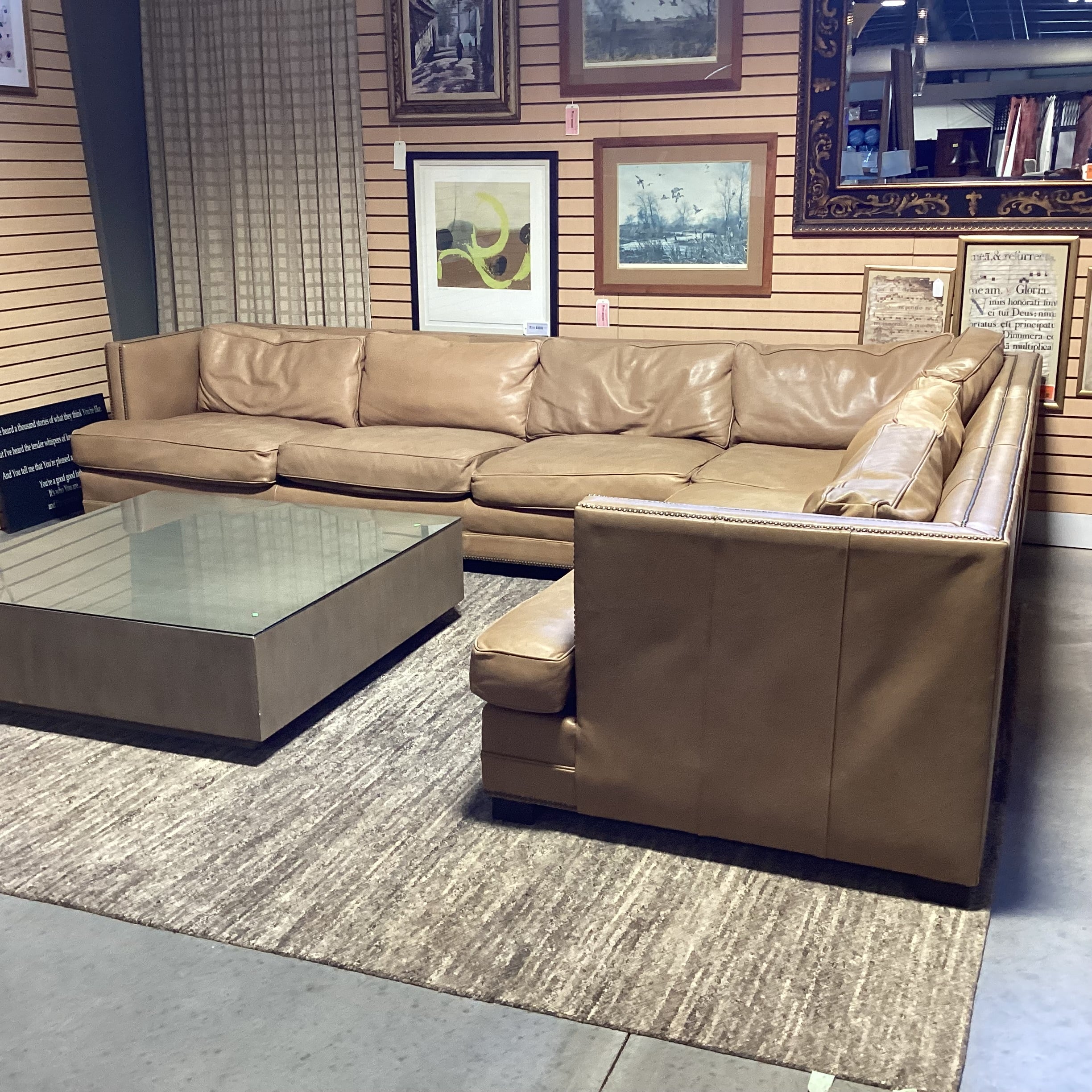 Restoration Hardware Tan Leather Nailhead Down Mix 2 Piece Sectional 145"x 112"x 44"x 31"