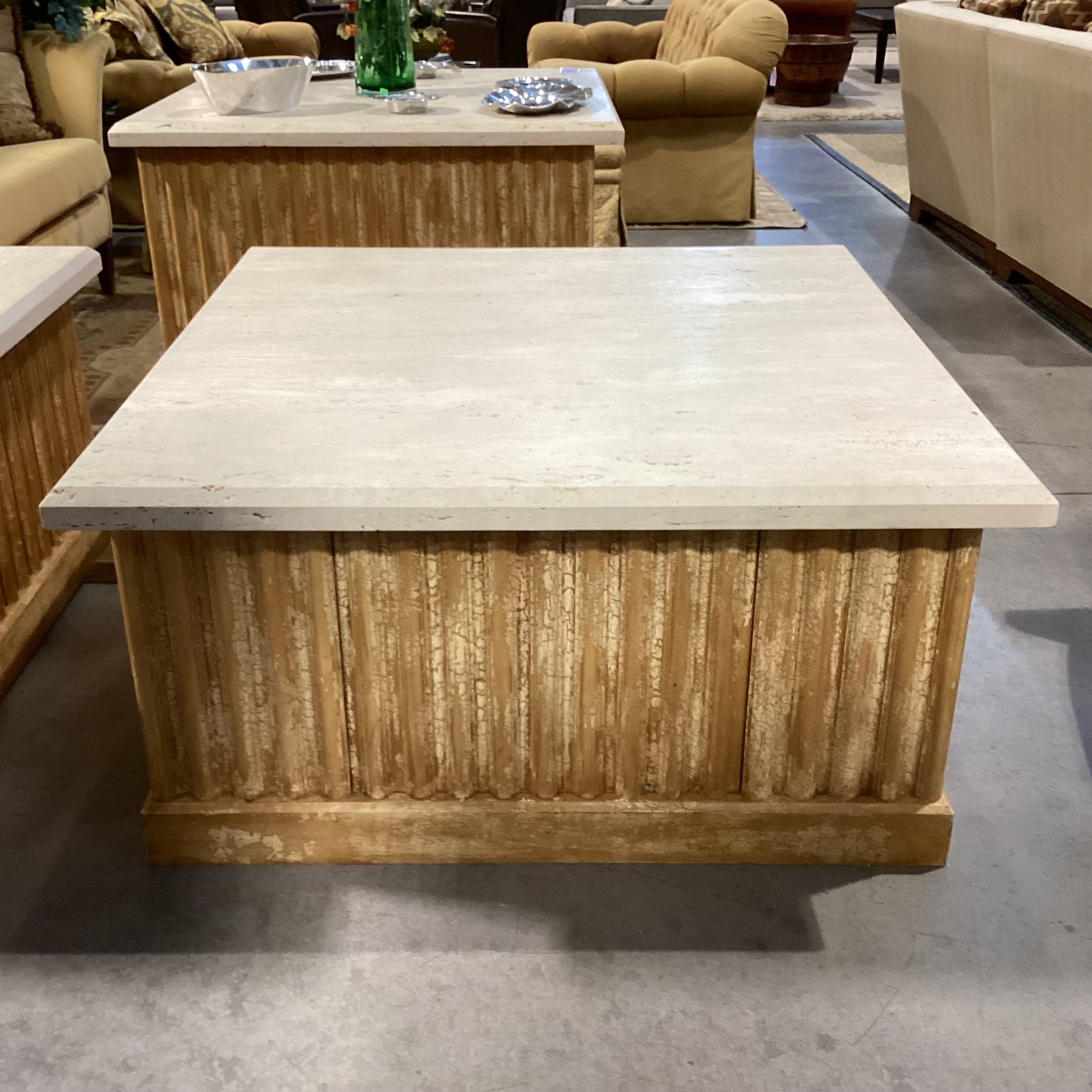 Custom Ribbed with Textured Crackle Finish Wood 1 Door with Shelf Travertine Top Coffee Table 48"x 48"x 24.5"