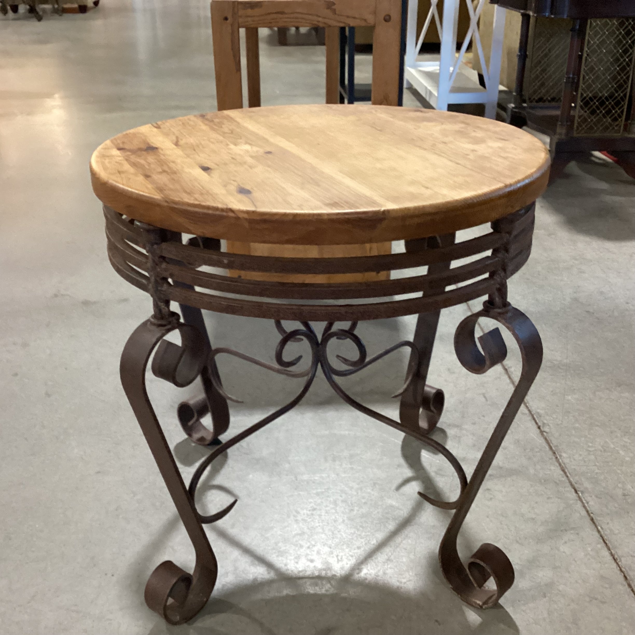 Rustic Wrought Iron & Wood Round End Table 24" Diameter x 22"