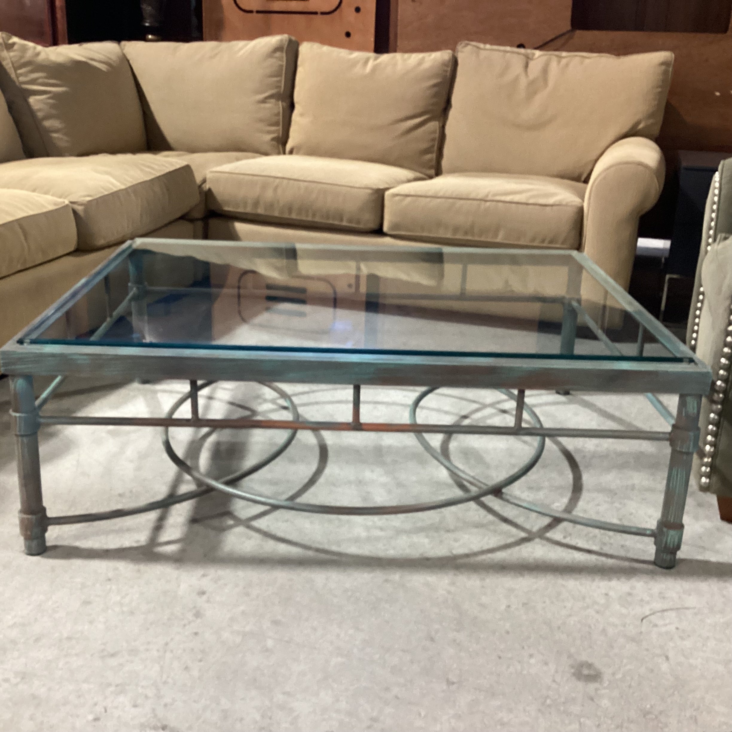 Metal with Verdigris Like Finish Glass Top Coffee Table 48"x 36"x 17"