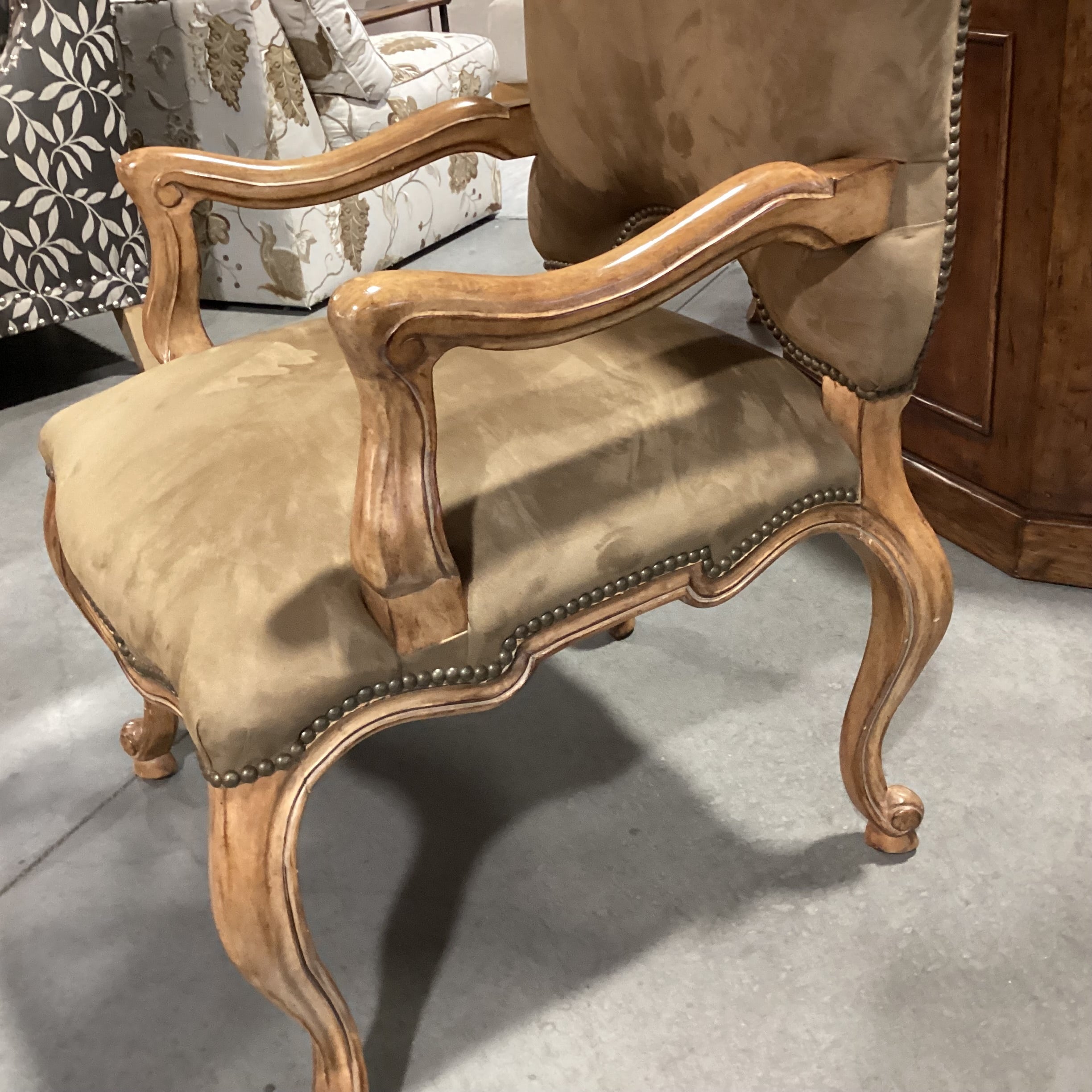 Kreiss Tan Ultra Suede Nailhead & Carved Wood Chair 27"x 27"x 44"