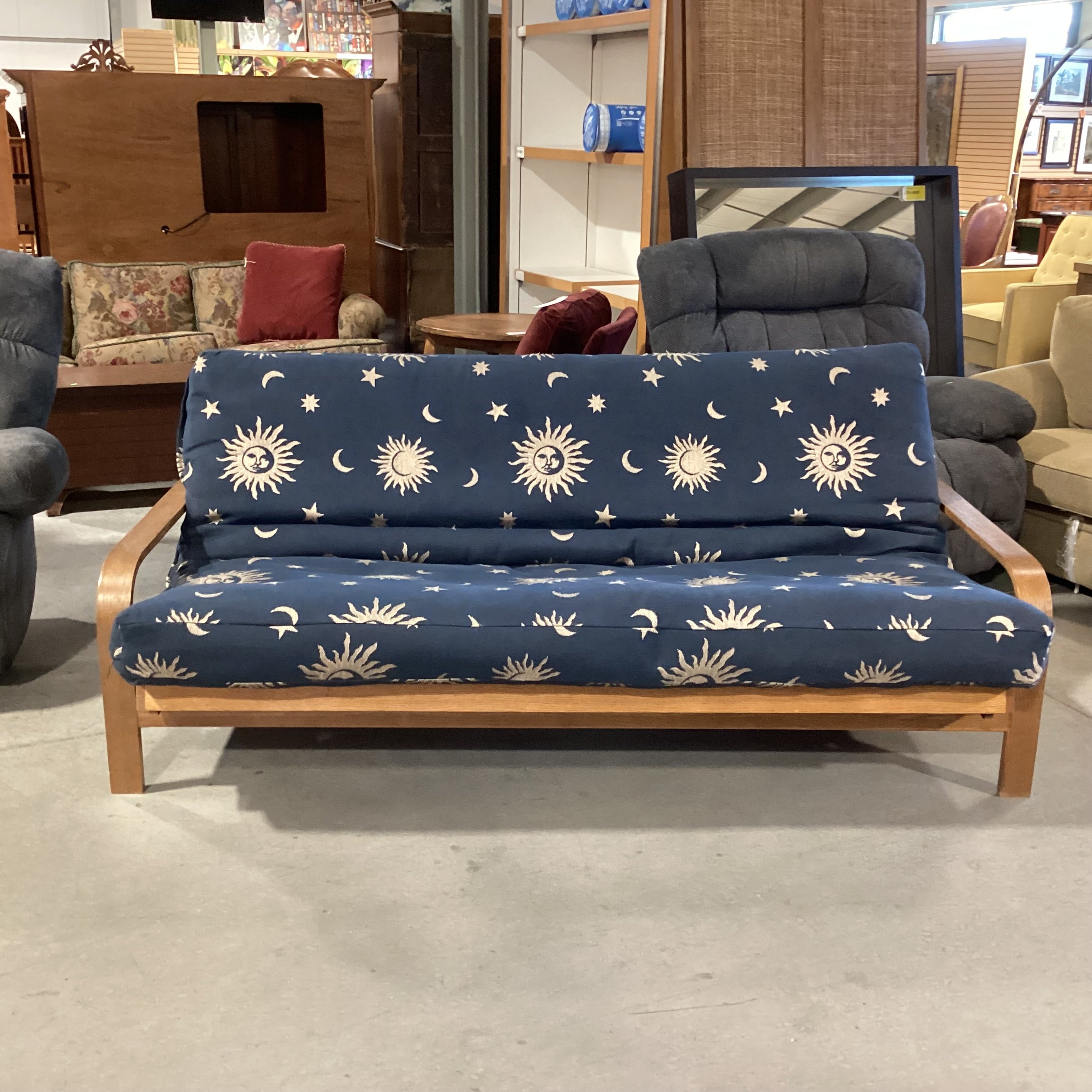 Oak & Blue With Sun Moon & Stars Cushion Futon Sofa 80"x 42" to 56"