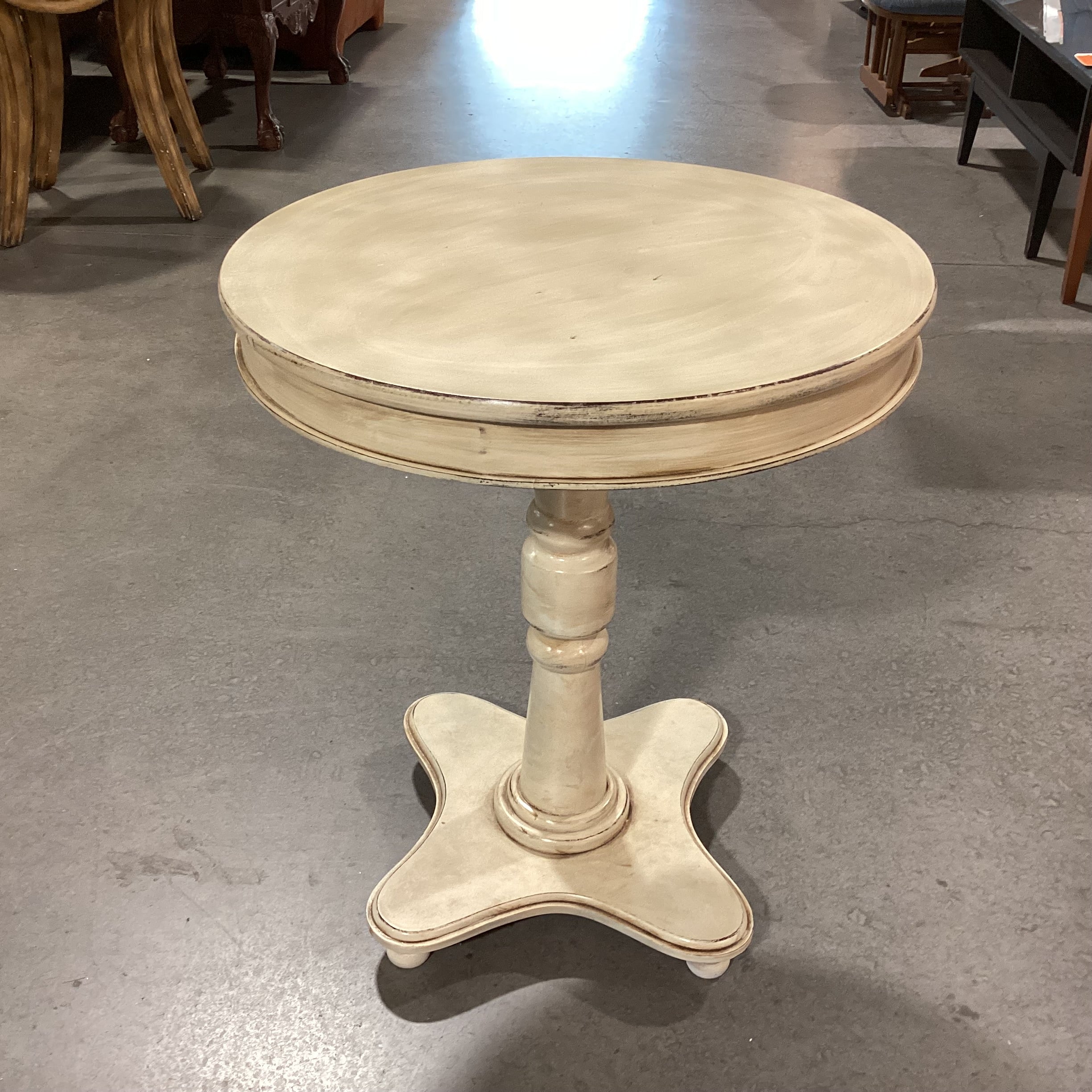 Cream Antiqued Finish Wood with Pedestal Round End Table 24" Diameter X 28"