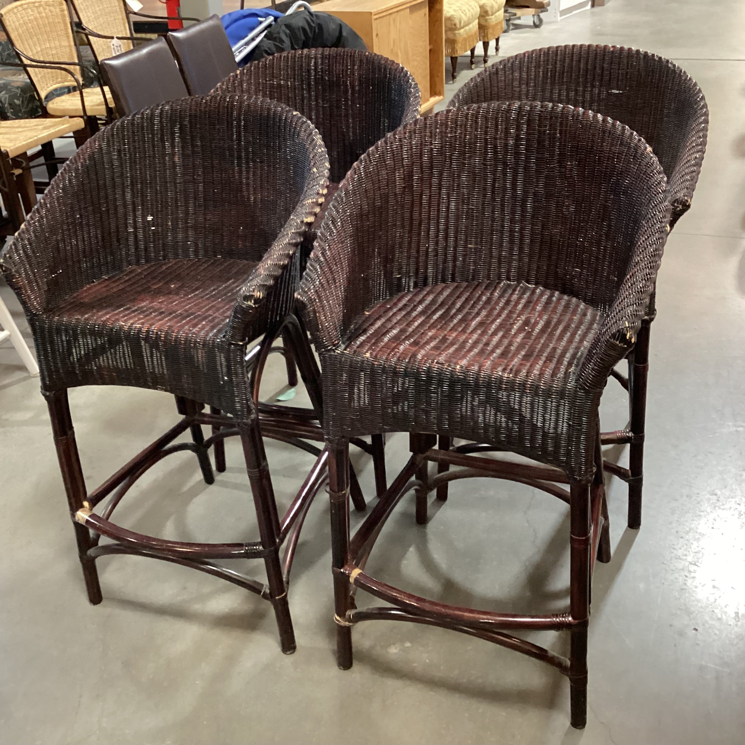 Set of 4 Wicker & Bamboo Dark Finish Barstools 29.5"