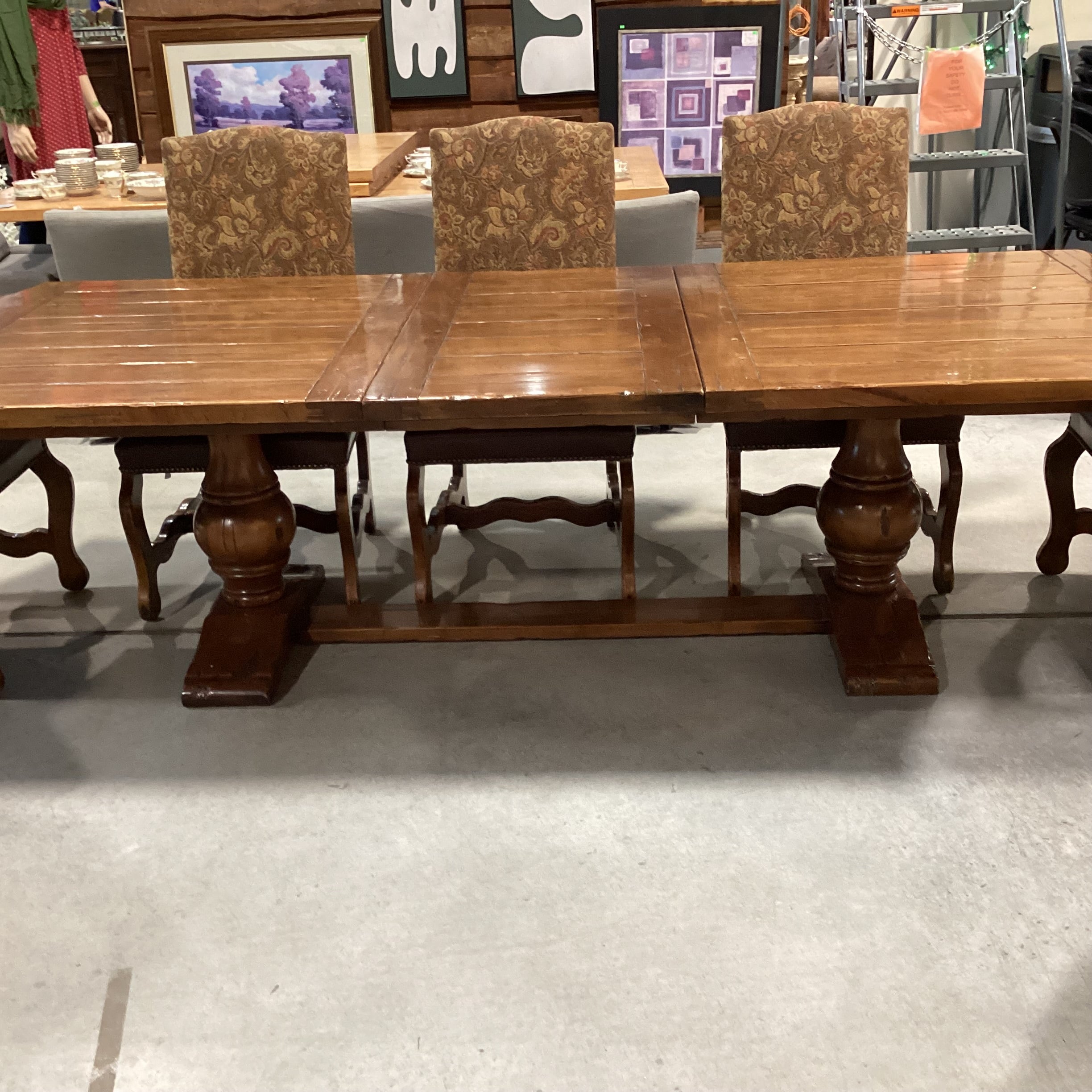 Distressed Finished Wood with Leaf & 8 Carved Wood Leather & Upholstery Chairs Dining Set 120"x 44"x 30"