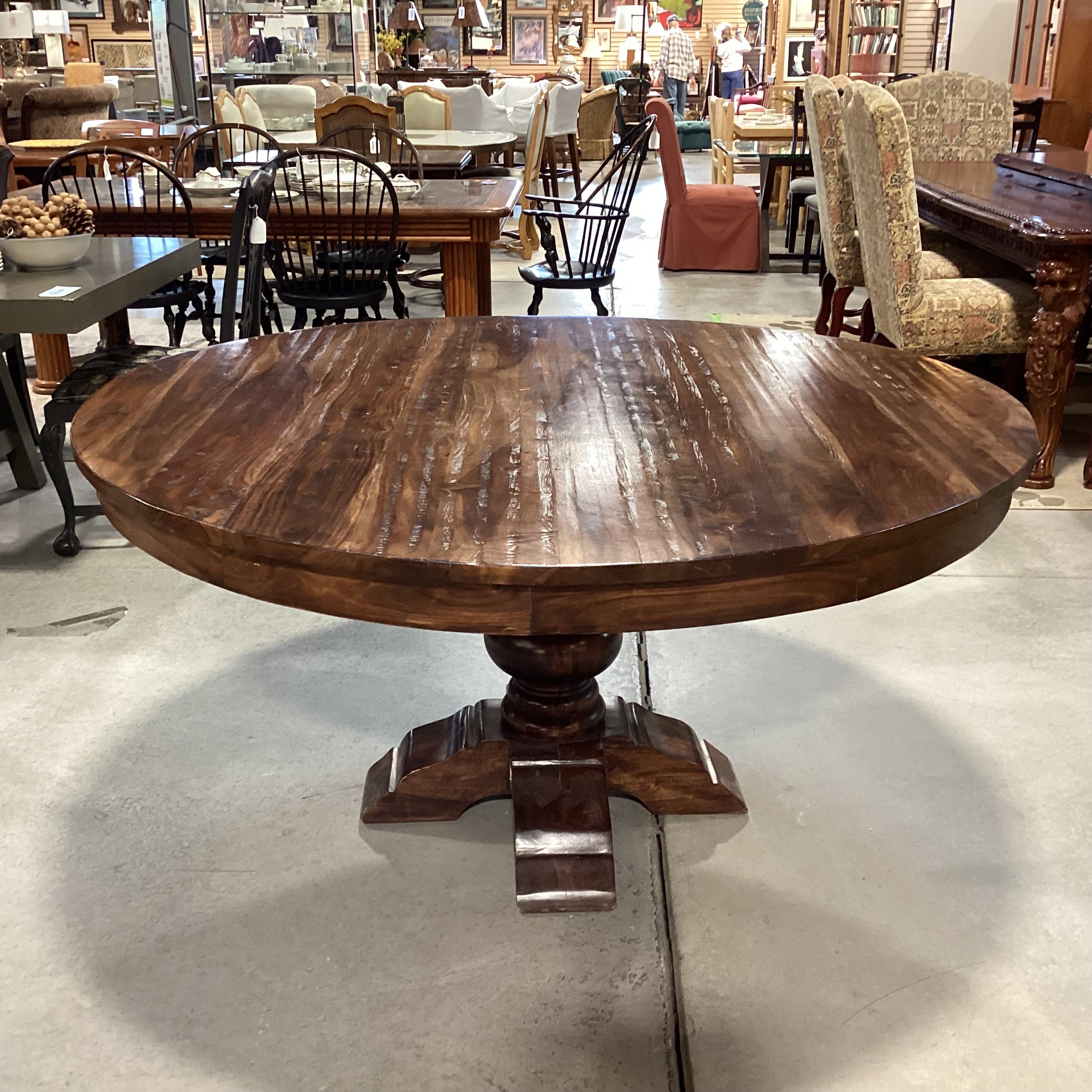 Dark Distressed Finish Round Solid Wood with Pedestal Dining Table 60" Diameter x 30.5"
