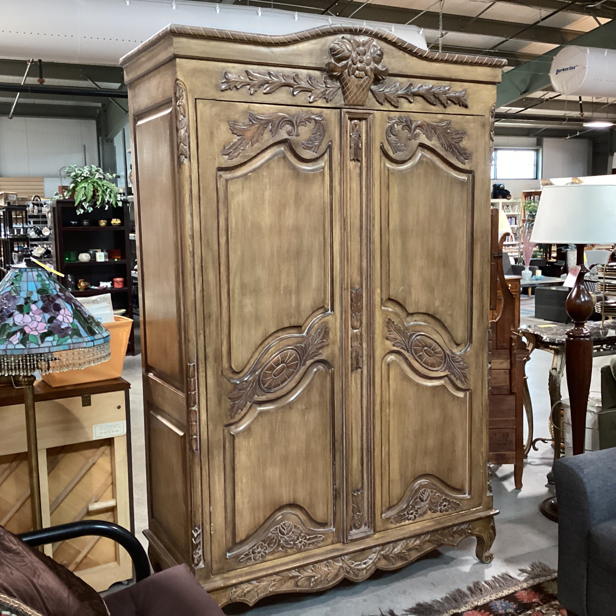 French Provincial Carved Wood with Light Washed Finish 2 Door 3 Drawer Armoire 60"x 26"x 93"