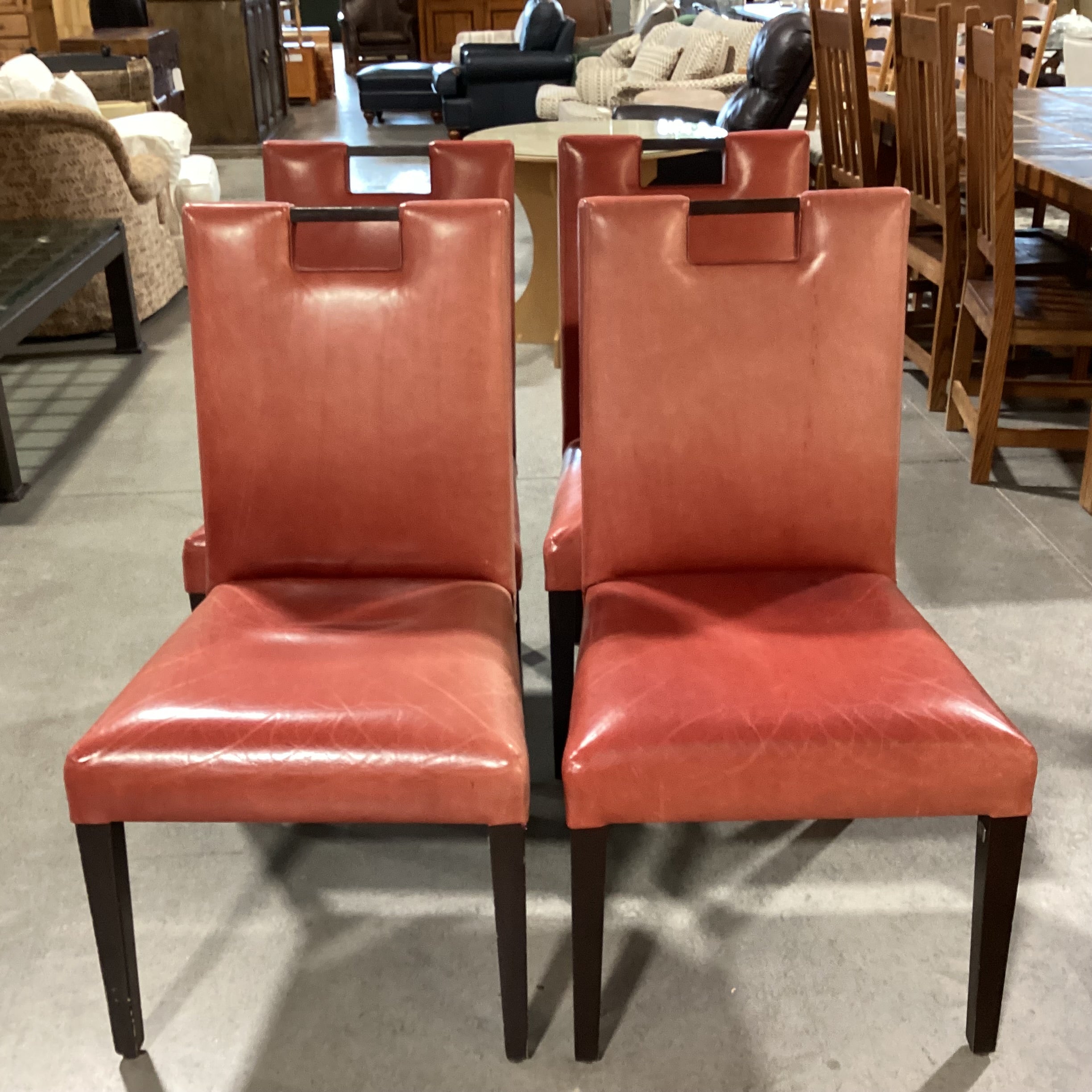 SET of 4 Adriana Hoyos Salmon Leather with Wood & Handle Back Dining Chairs 22"x 22"x 40"