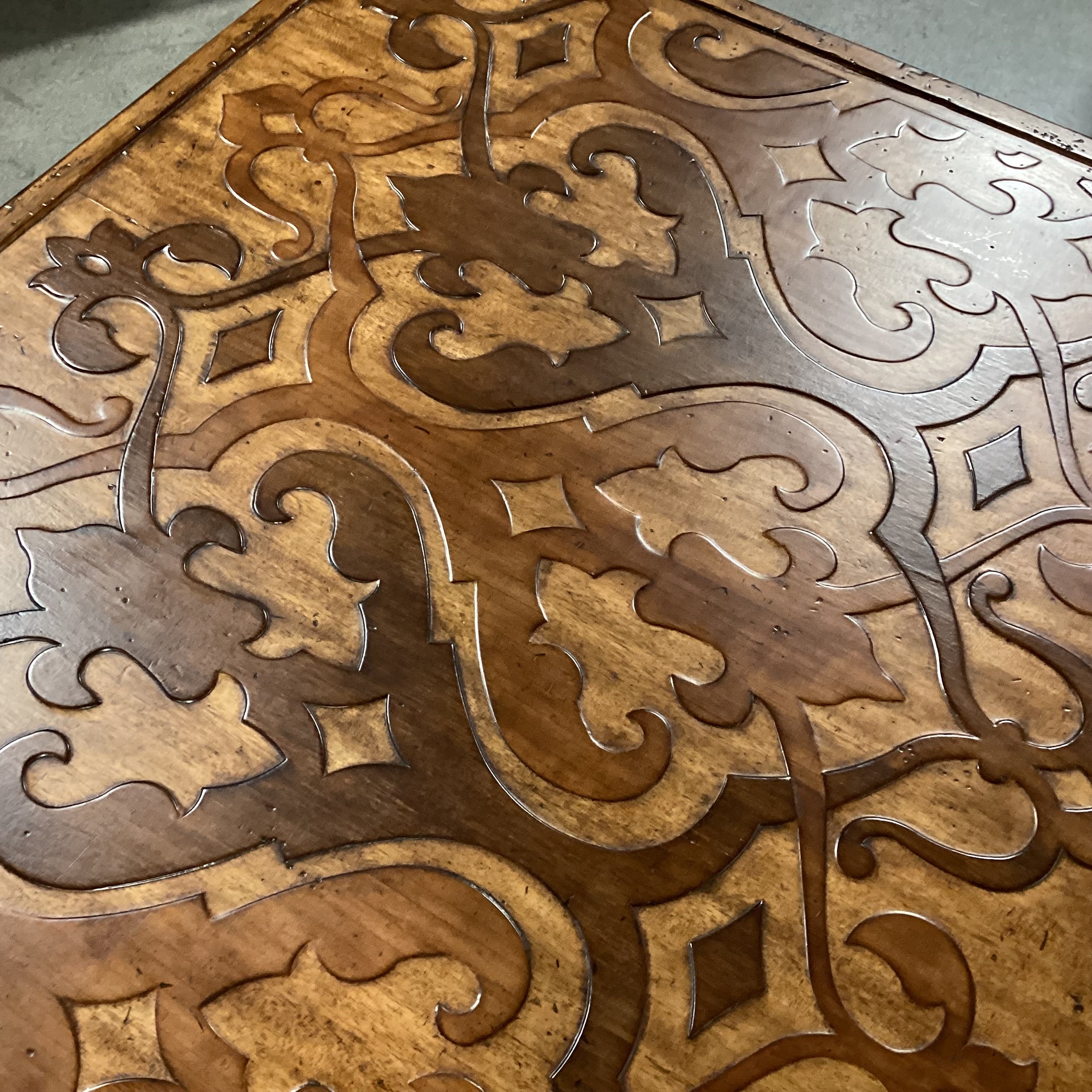 Ornate Hand Carved 2 Tone Distressed Wood & Iron X Stretcher Base Coffee Table 50"x 31"x 20"