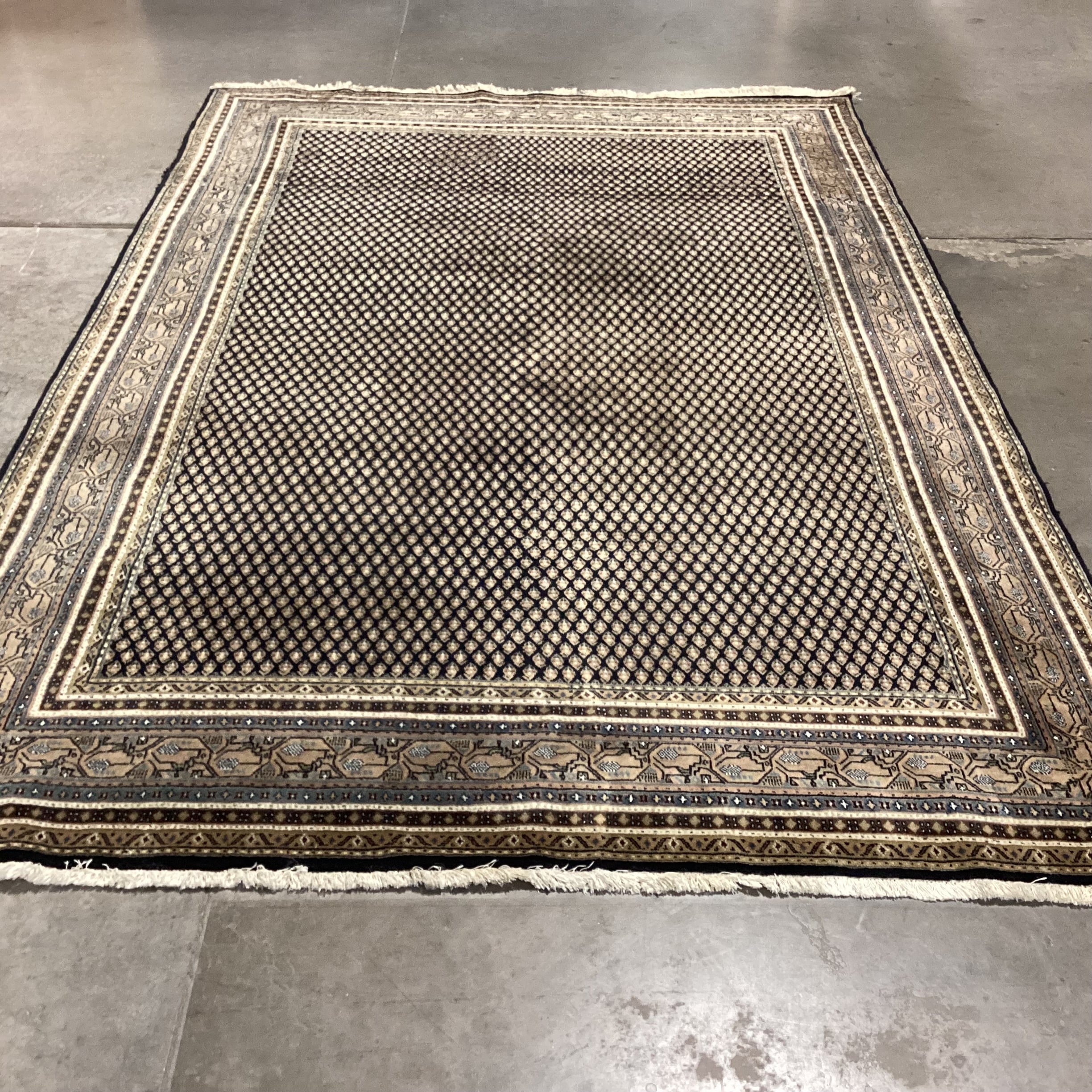 Cream Black Blue Taupe Olive Indo Mir Boteh Motif Hand Woven Wool Rug 6"x 9'4"