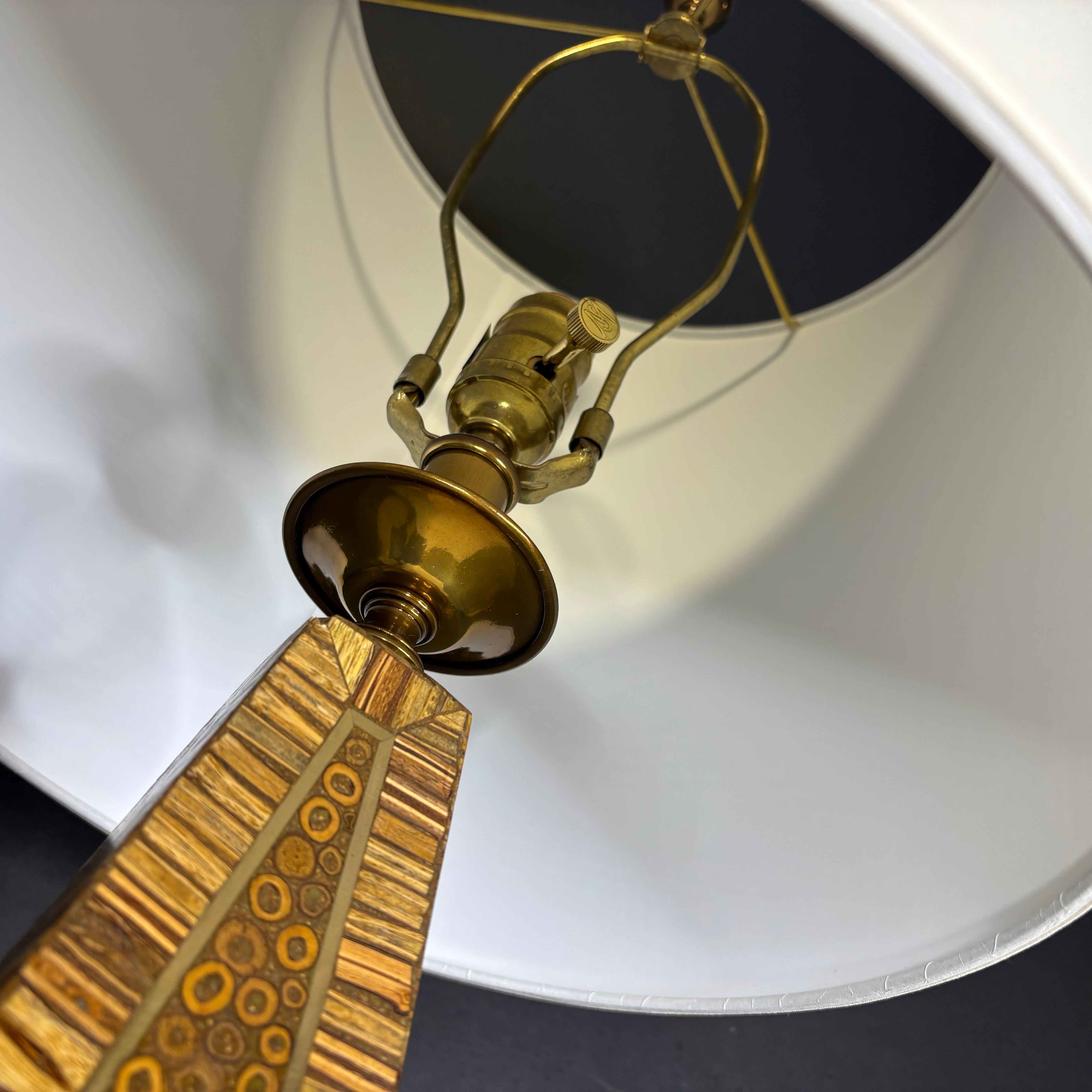 Maitland Smith Obelisk Multi-Wood Inlay and Brass with Shade Table Lamp 13” Diameter @ Shade x 37”