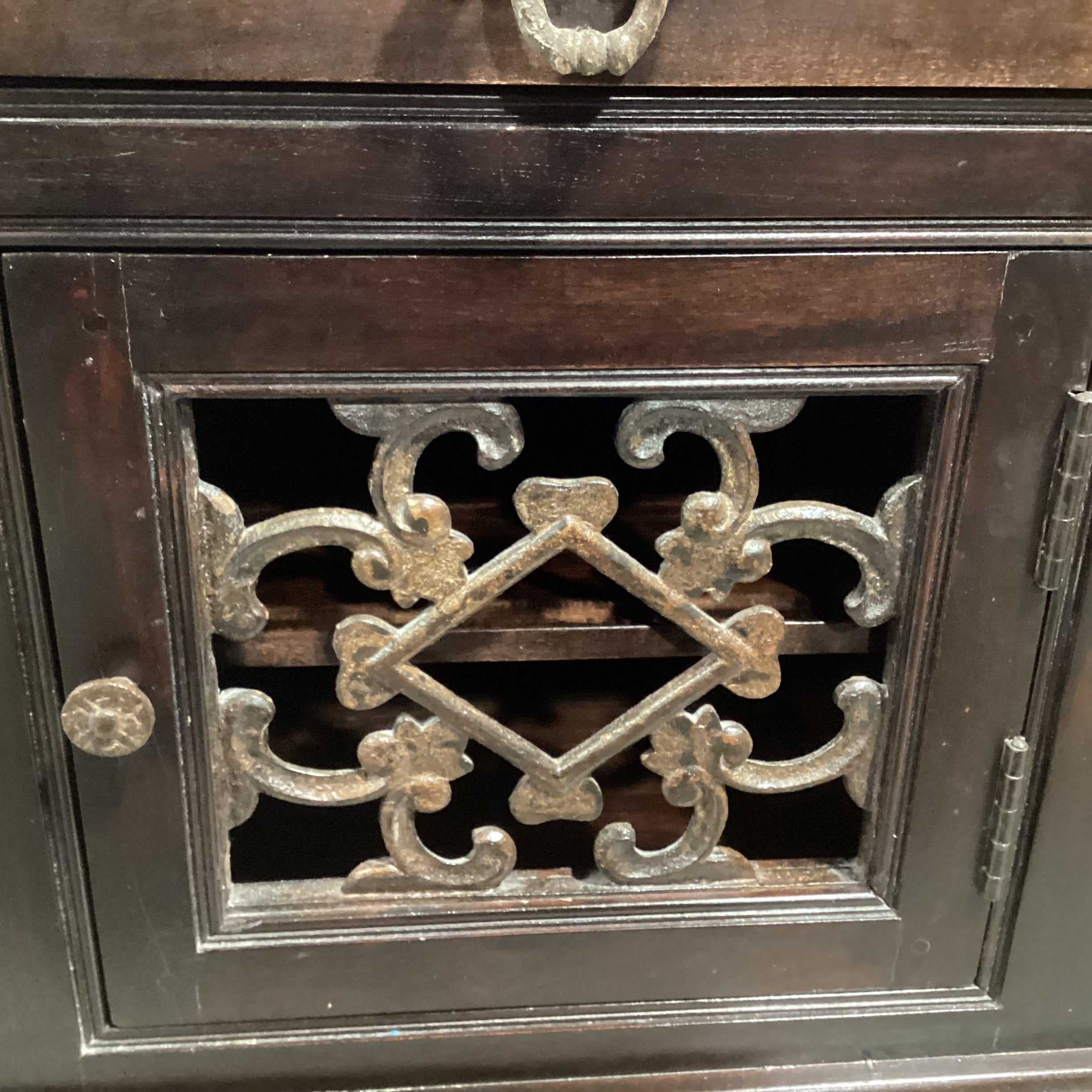 Dark Finish Solid Fruitwood & Iron Detail 1 Door 1 Drawer Nightstand 24"x 16"x 30"