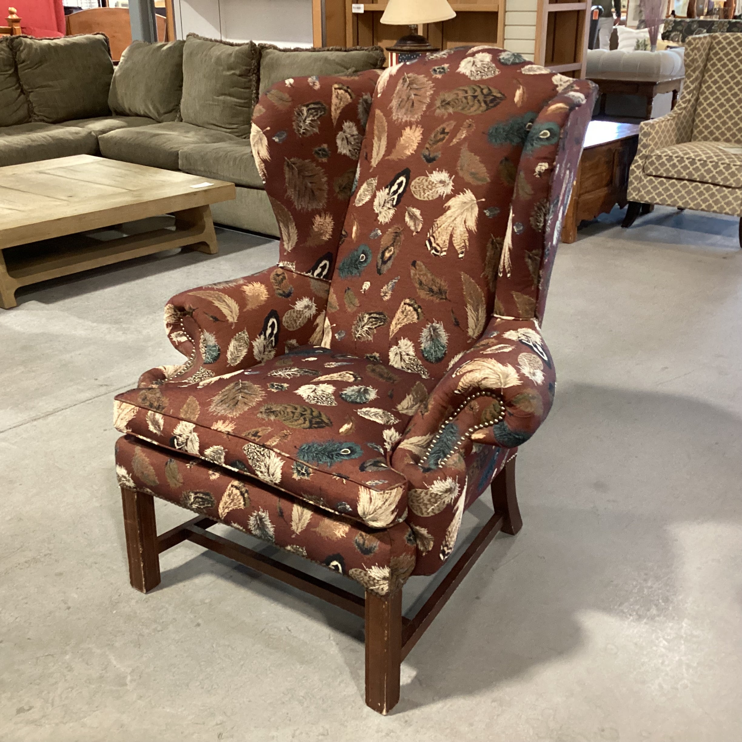 Brown Blue Feather Upholstery Nailhead Wing Chair 40"x 35"x 46"