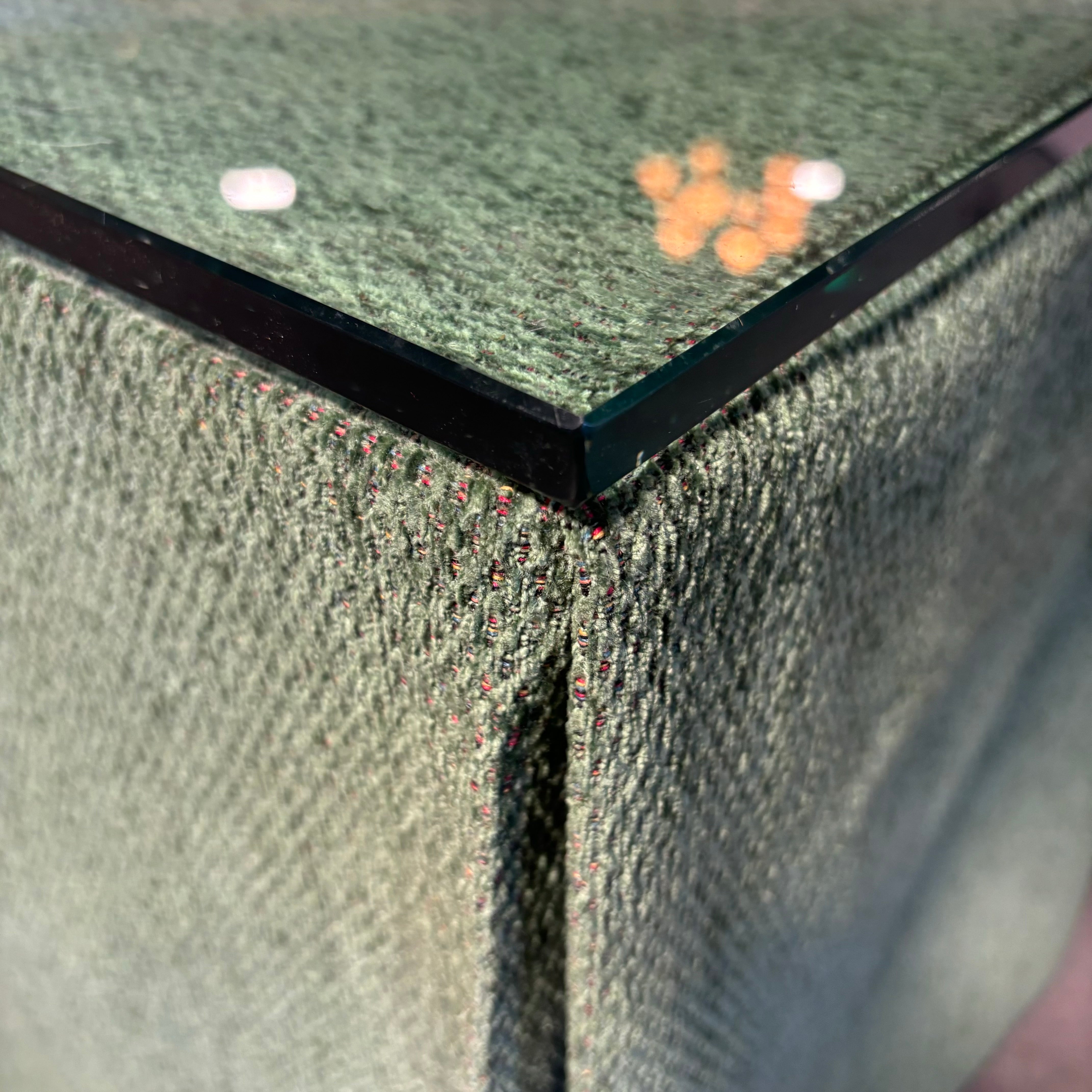Custom Green Chenille Covered Natural Wood with Glass Top Accent Table 42"x 20"x 29"
