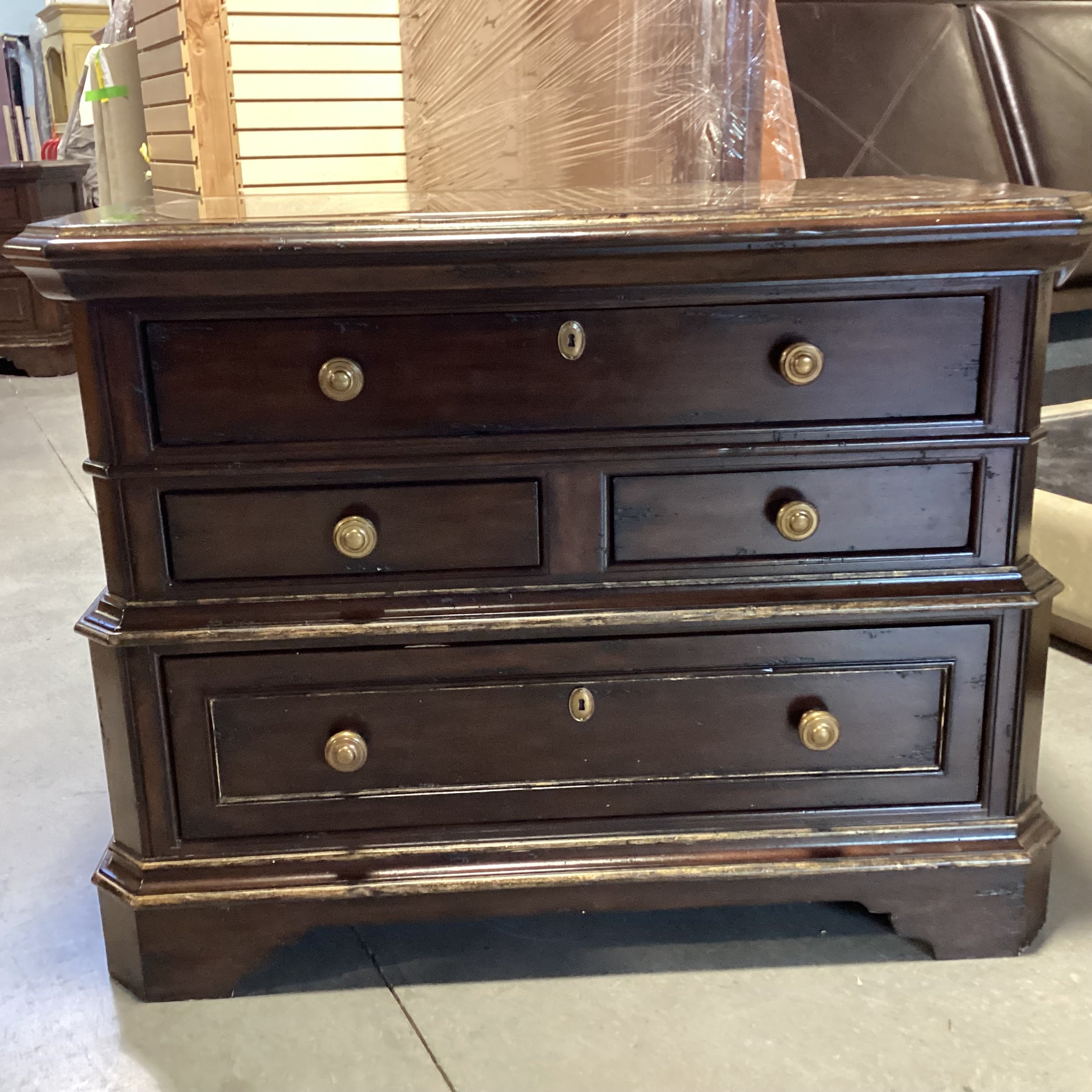 Marge Carson Antiqued Black with Gold Detail Solid Wood Marble Inset 4 Drawer with Brass Chest 46"x 24"x 35.5"