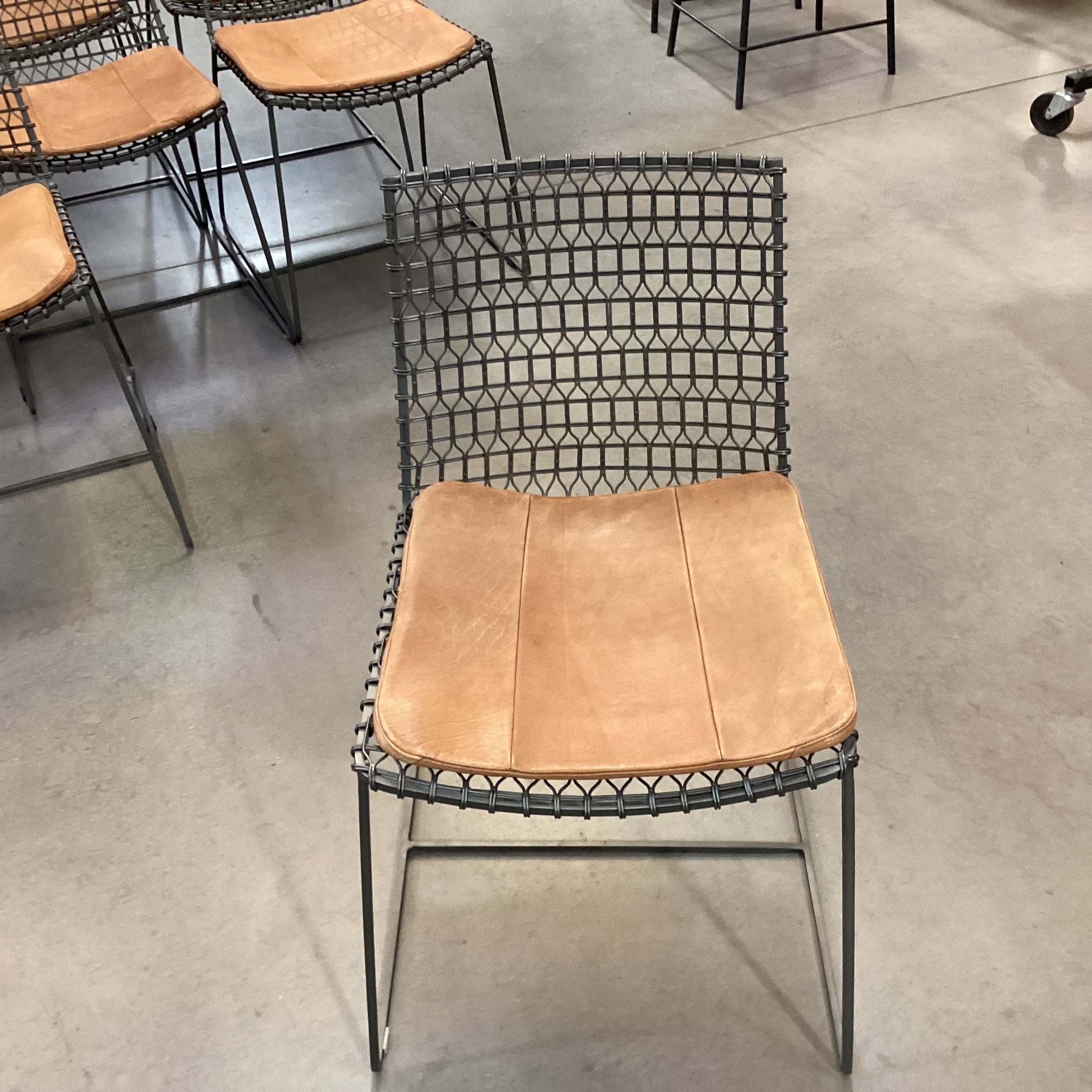 Set of 8 Crate & Barrel Tig Metal & Leather Cushion Dining Chairs  18"x 21"x 31"