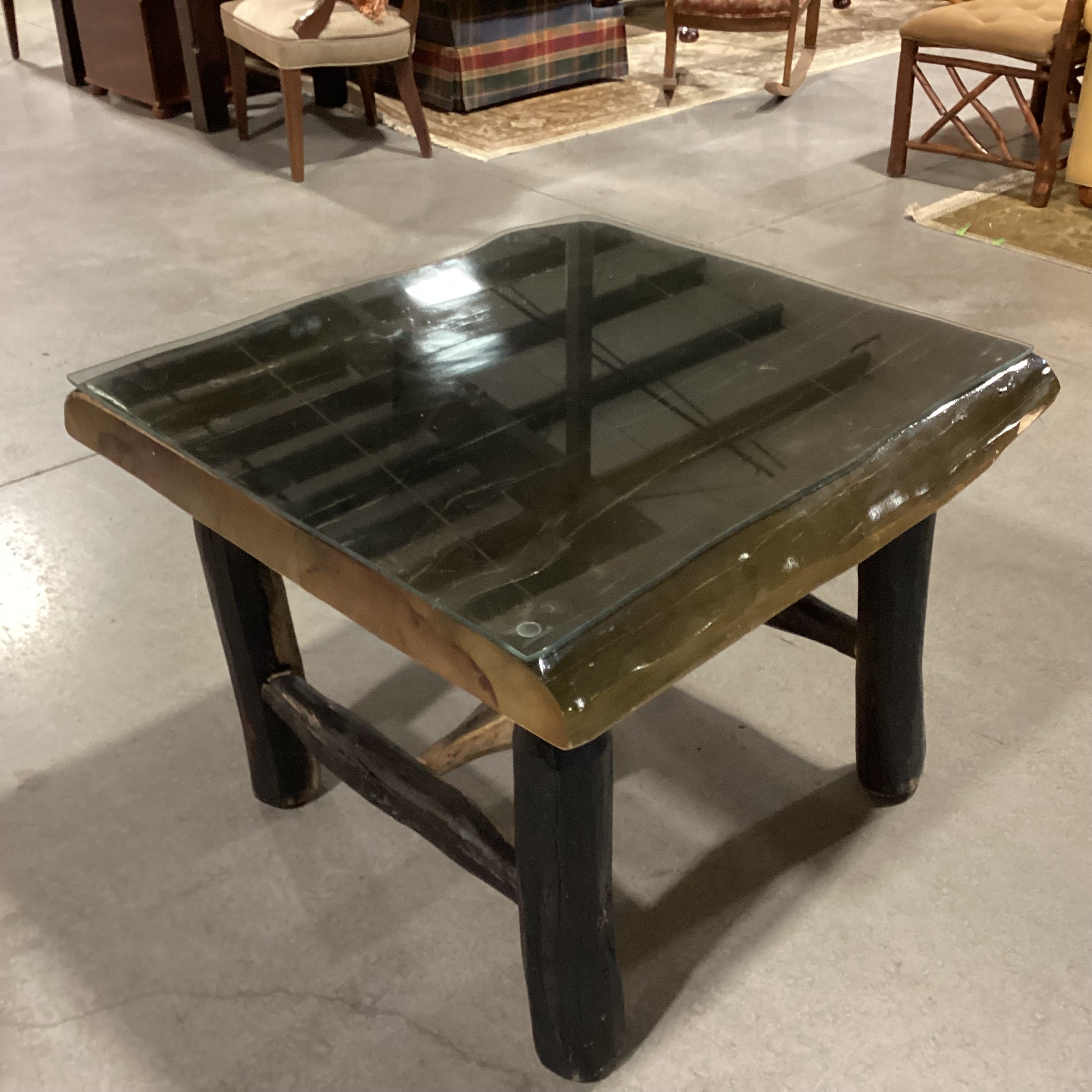 Live Edge & Log Dark Finish Solid Wood with Glass Top Accent Table 32"x 32"x 25"