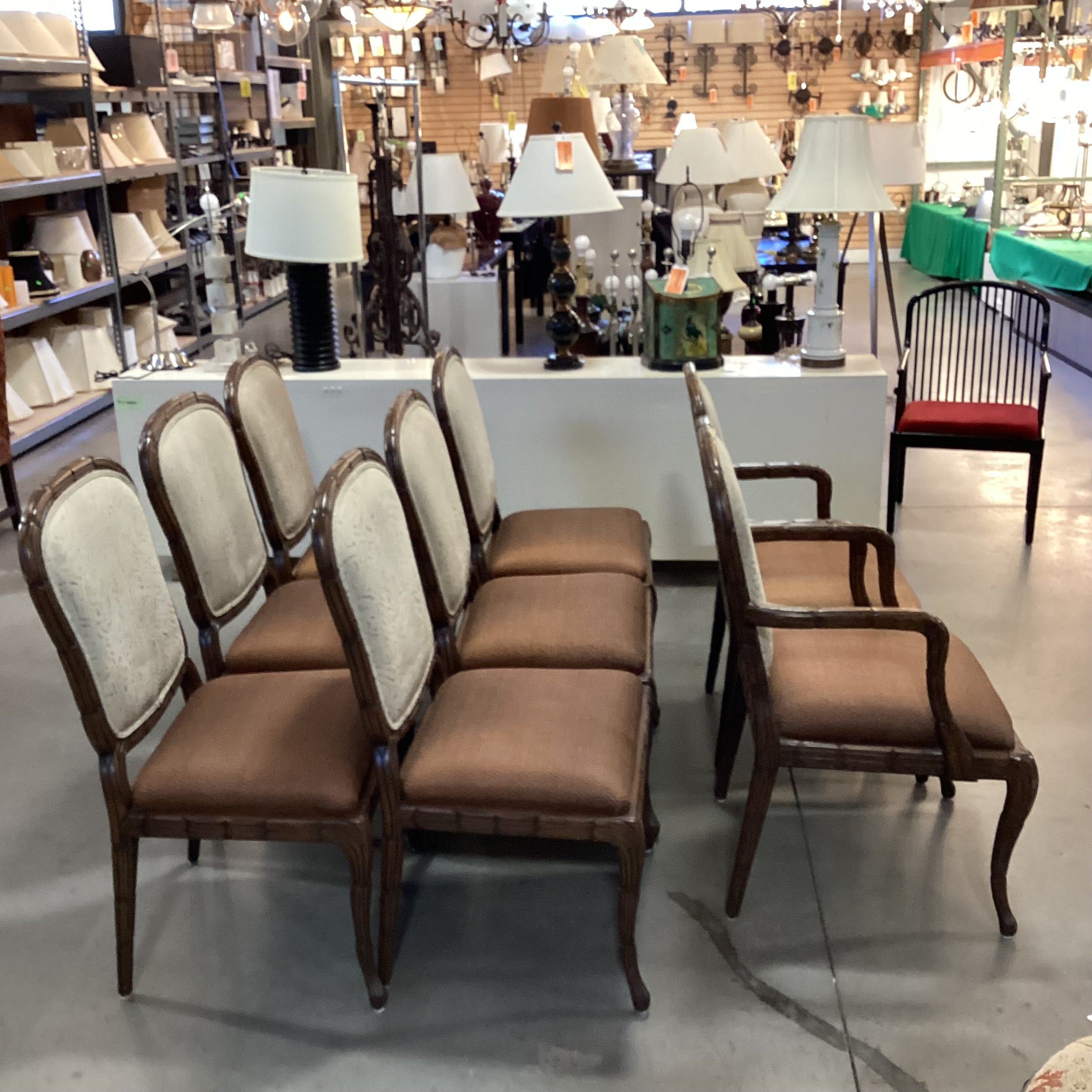 SET of 8 Ornate Carved Wood with Leather  Woven Seat & Suede Back Dining Chairs 24"x 22"x 40"