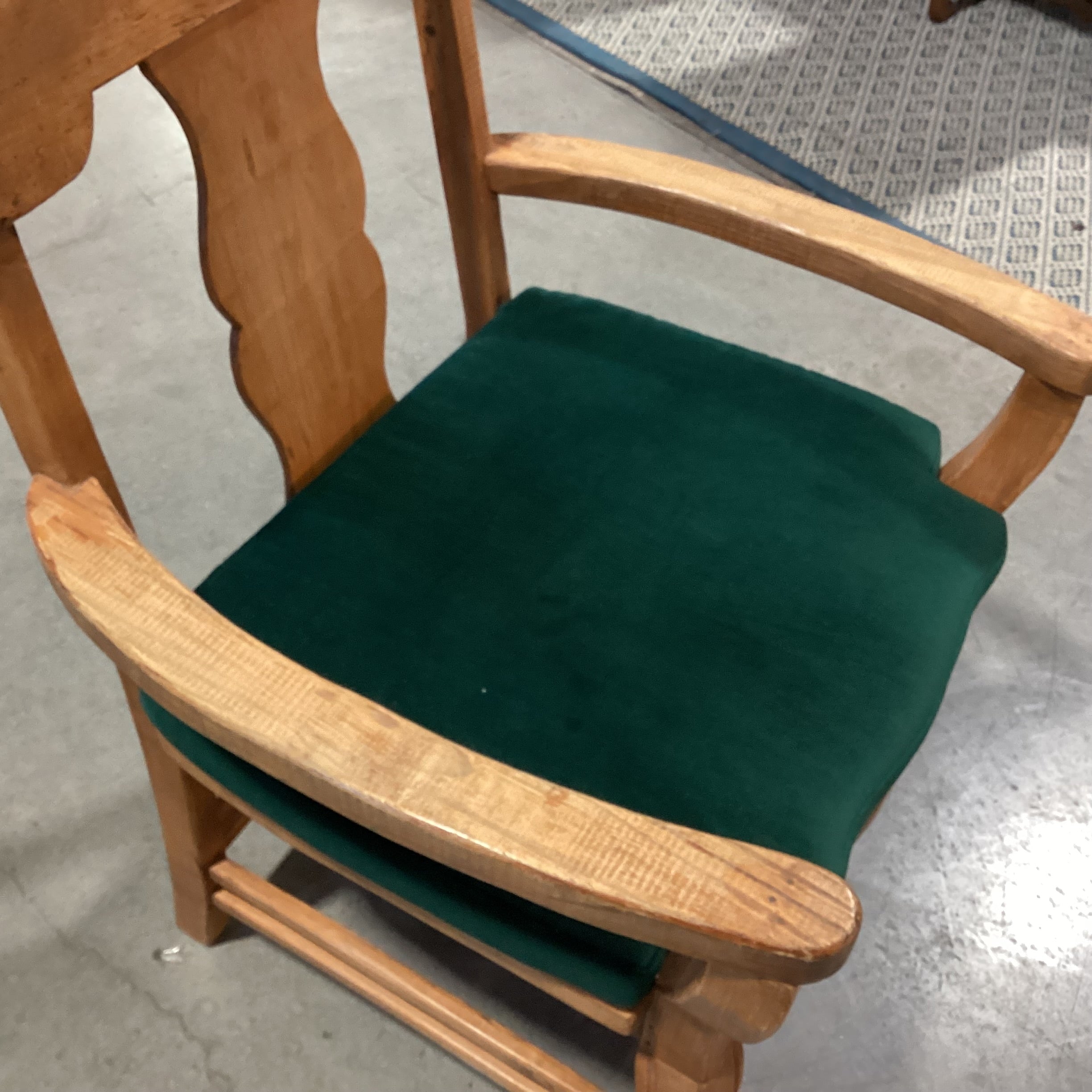 Vintage Natural Carved Wood with Green Cushion Chair 30"x 27"x 41"