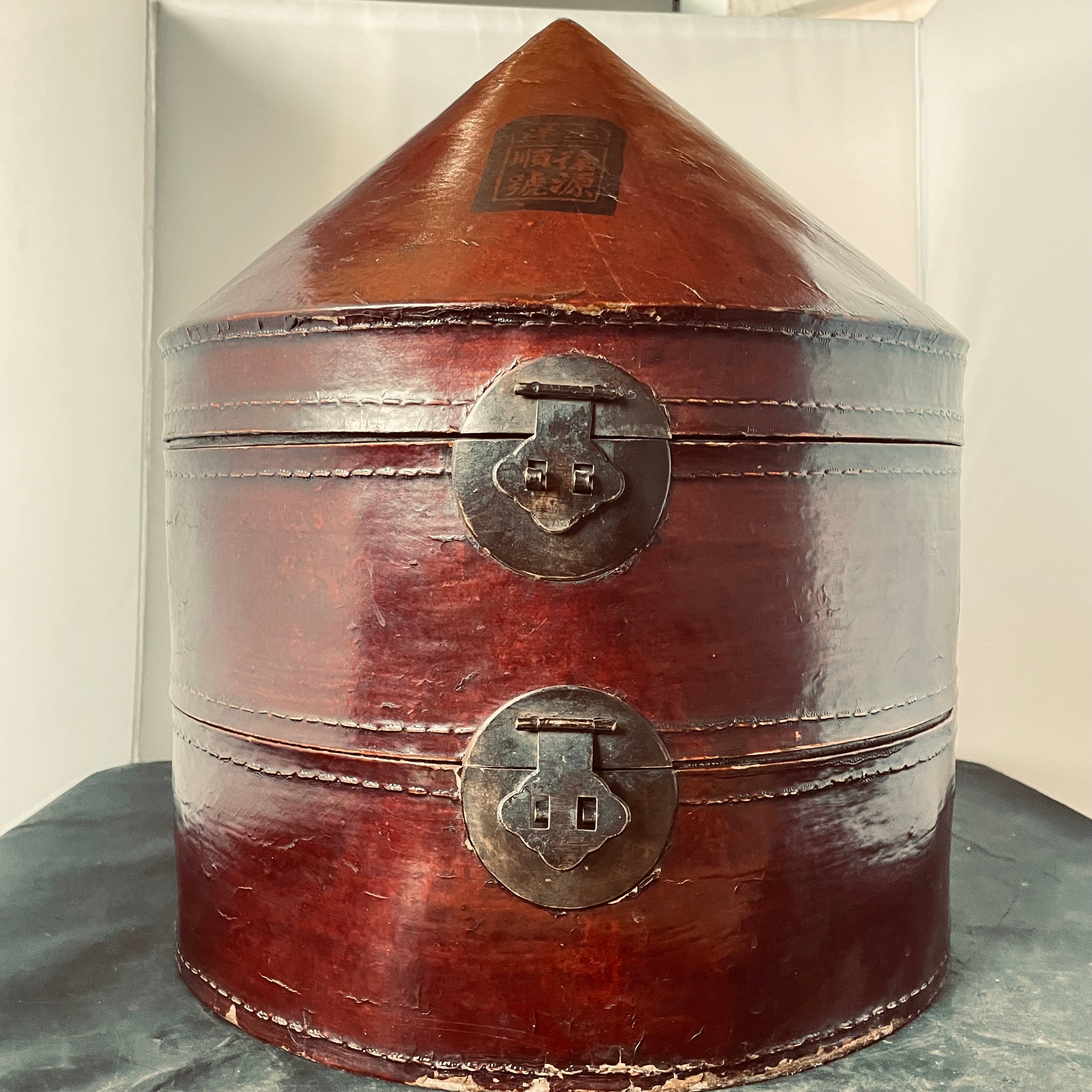 Antique Chinese Dark Red Lacque Leather/iron Hat Box, 13"x 16"