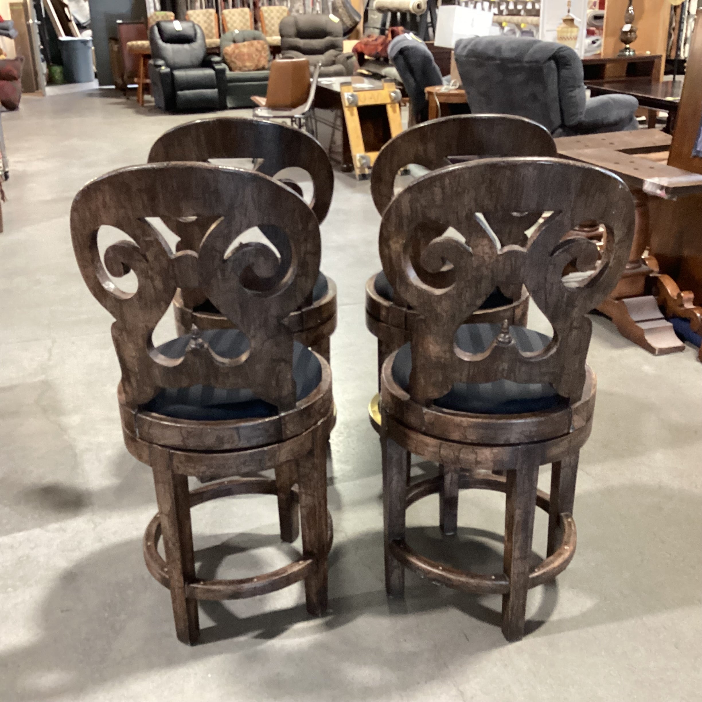 SET of 4 Carved Scroll Back Textured Crackle  Finish & Black Seat Swivel Barstools 25"