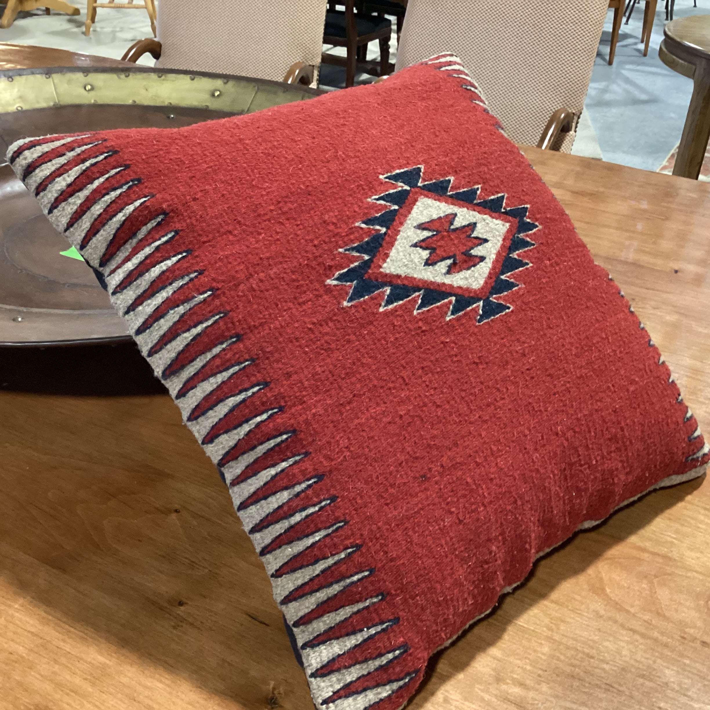 Native American Red Blue Tan Hand Woven Wool Accent Pillow 20"x 20"