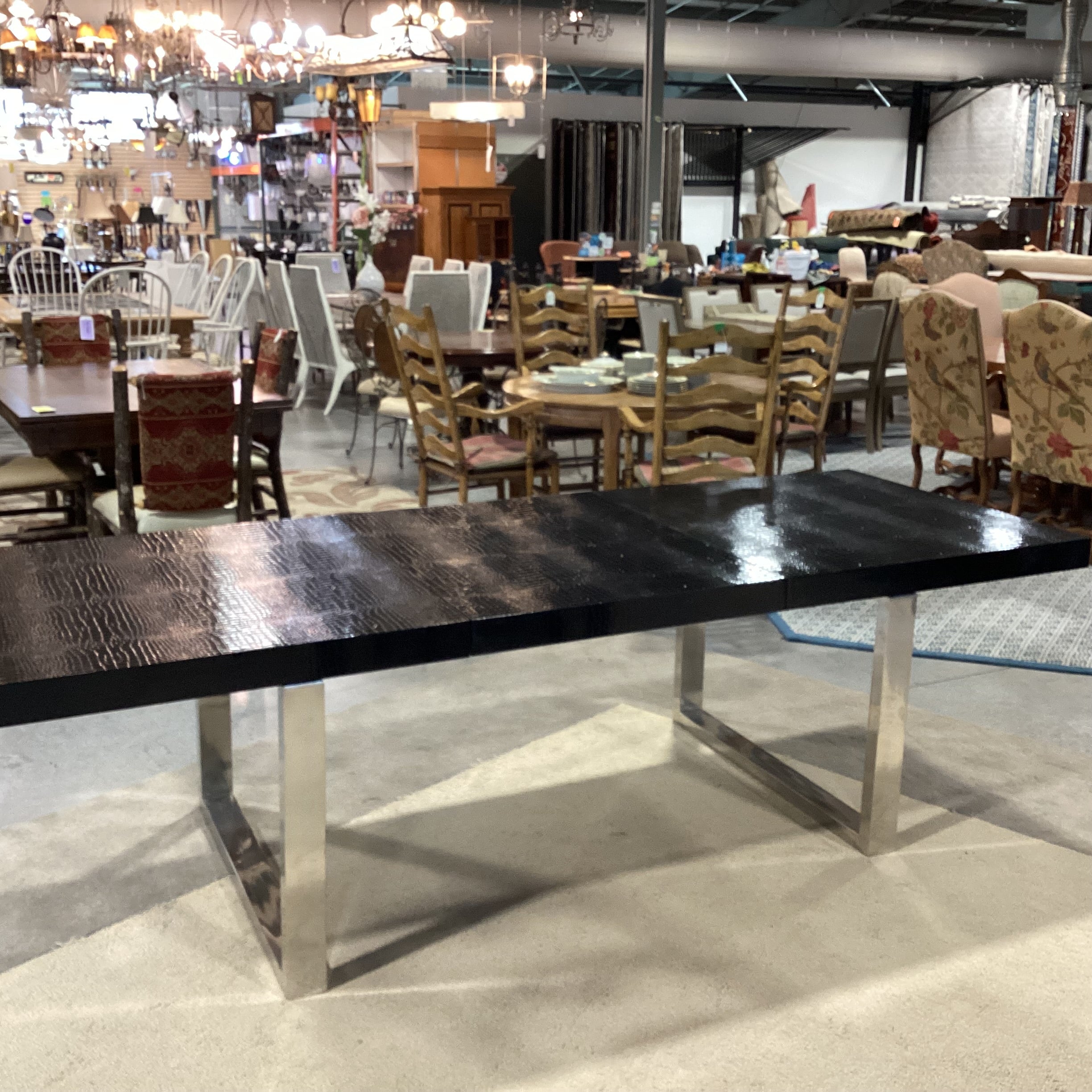 A & X Casa Luxury Collection Skyline Modern Black Krocodile Lacquer & Chrome 1 Leaf Dining Table 71" to 100.5"x 37"x 29"