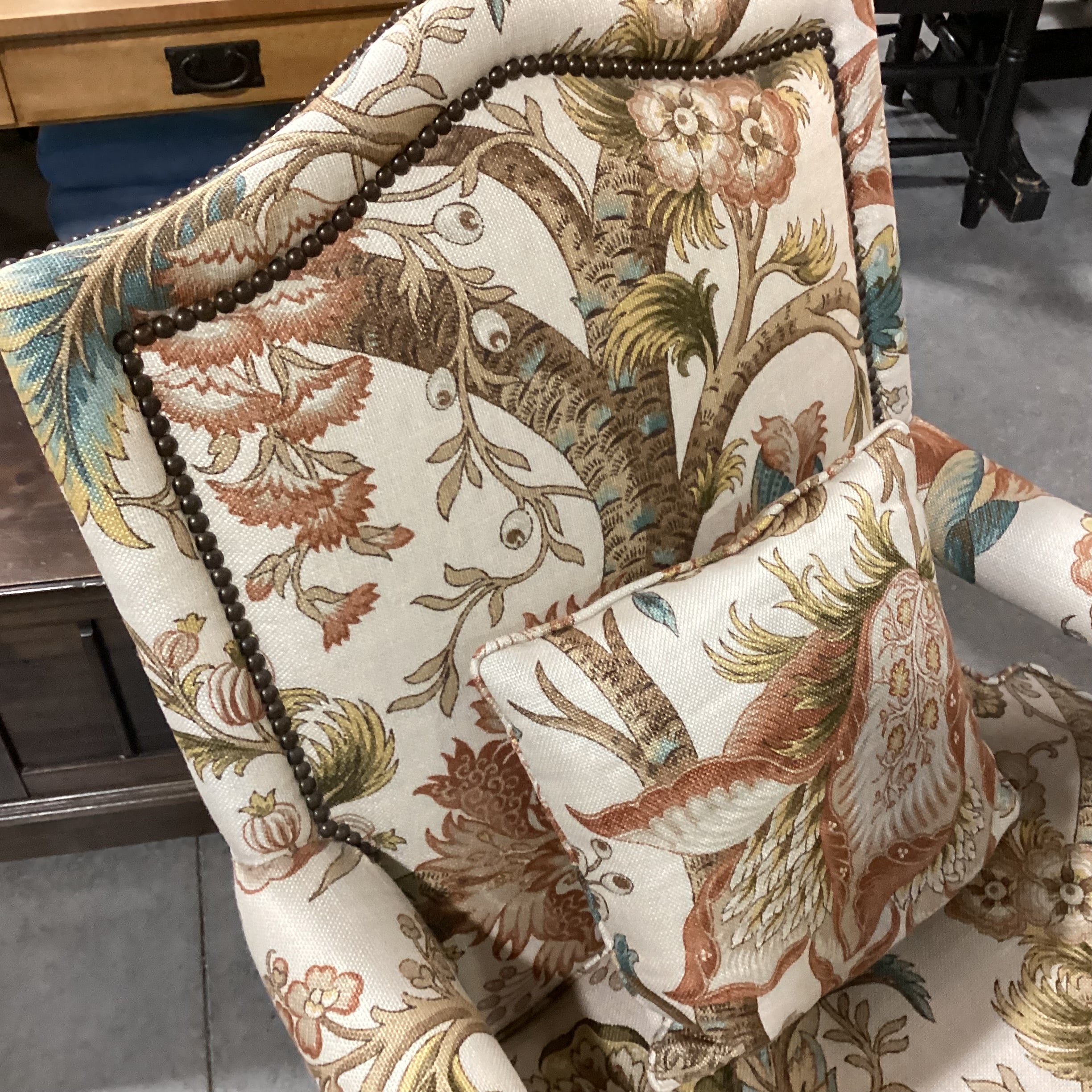 Carved Wood Rush Seat & Floral Belgian Linen Nailhead Chair 32"x 32"x 40"