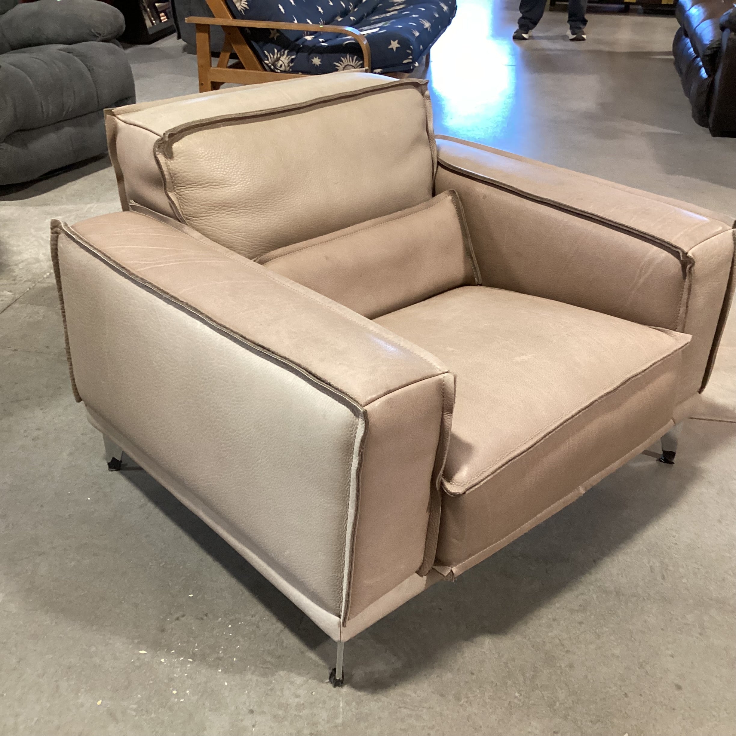 Scan Design Made in Italy Taupe Leather with Reverse Seam Modern Chair 41"x 36"x 29"