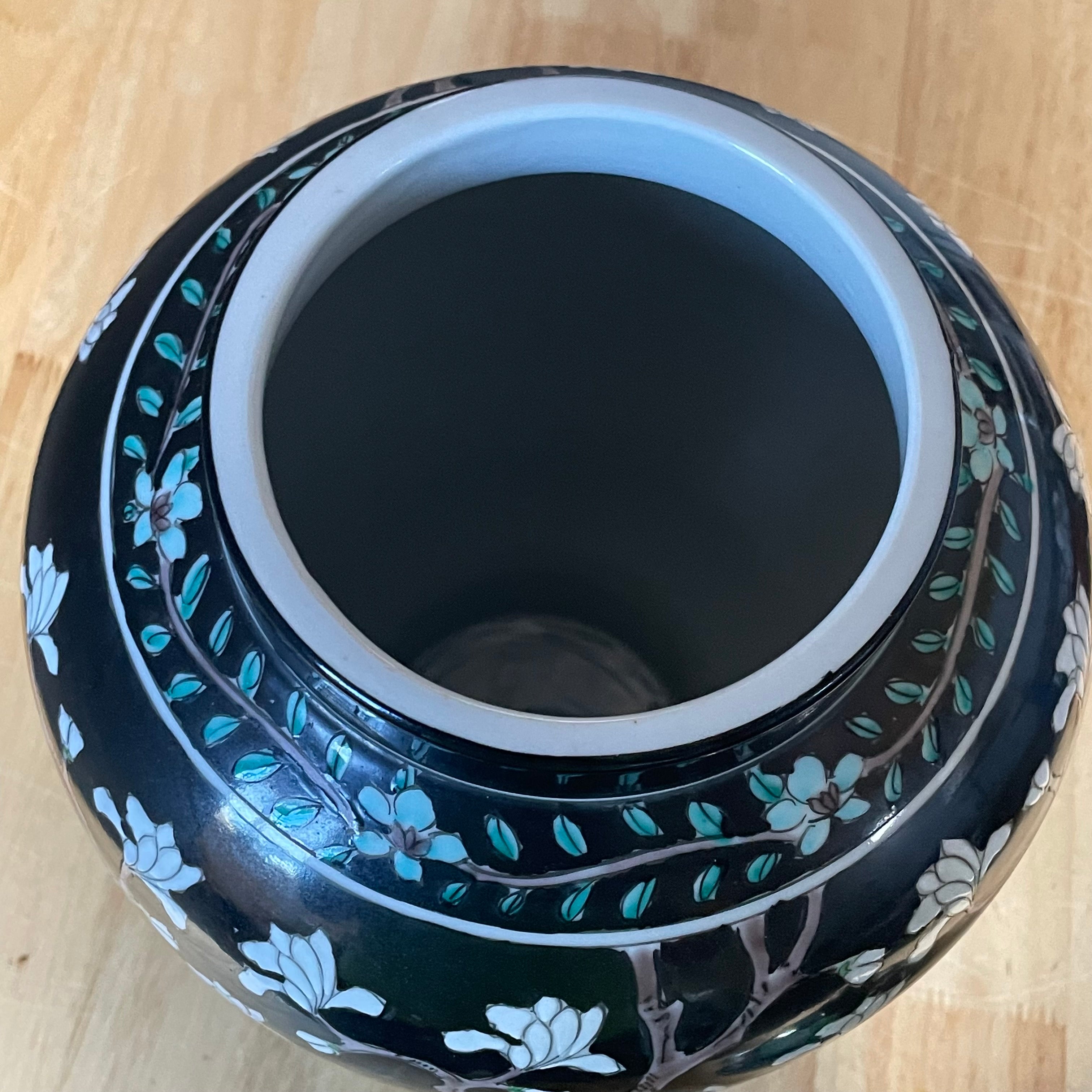 Vintage Japanese Hand Painted Famille Noir with Turquoise & White Accents Temple Jar, 8"x 15"